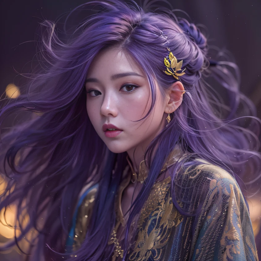 Cornmeal glass 32K(tmasterpiece,k hd,hyper HD,32K)Long flowing bright purple hair,Autumn Pond,zydink, a color, Asian people (Kizi), (Red scarf), Combat posture, looking at the ground, long whitr hair, Floating bright purple, Fire cloud pattern gold tiara, Chinese long-sleeved gold silk garment, (abstract ink splash:1.2), white backgrounid,Lotus protector(realisticlying:1.4),Bright purple hair,Smoke on the road,The background is pure, A high resolution, the detail, RAW photogr, Sharp Re, Nikon D850 Film Stock Photo by Jefferies Lee 4 Kodak Portra 400 Camera F1.6 shots, Rich colors, ultra-realistic vivid textures, Dramatic lighting, Unreal Engine Art Station Trend, cinestir 800,Long flowing bright purple hair