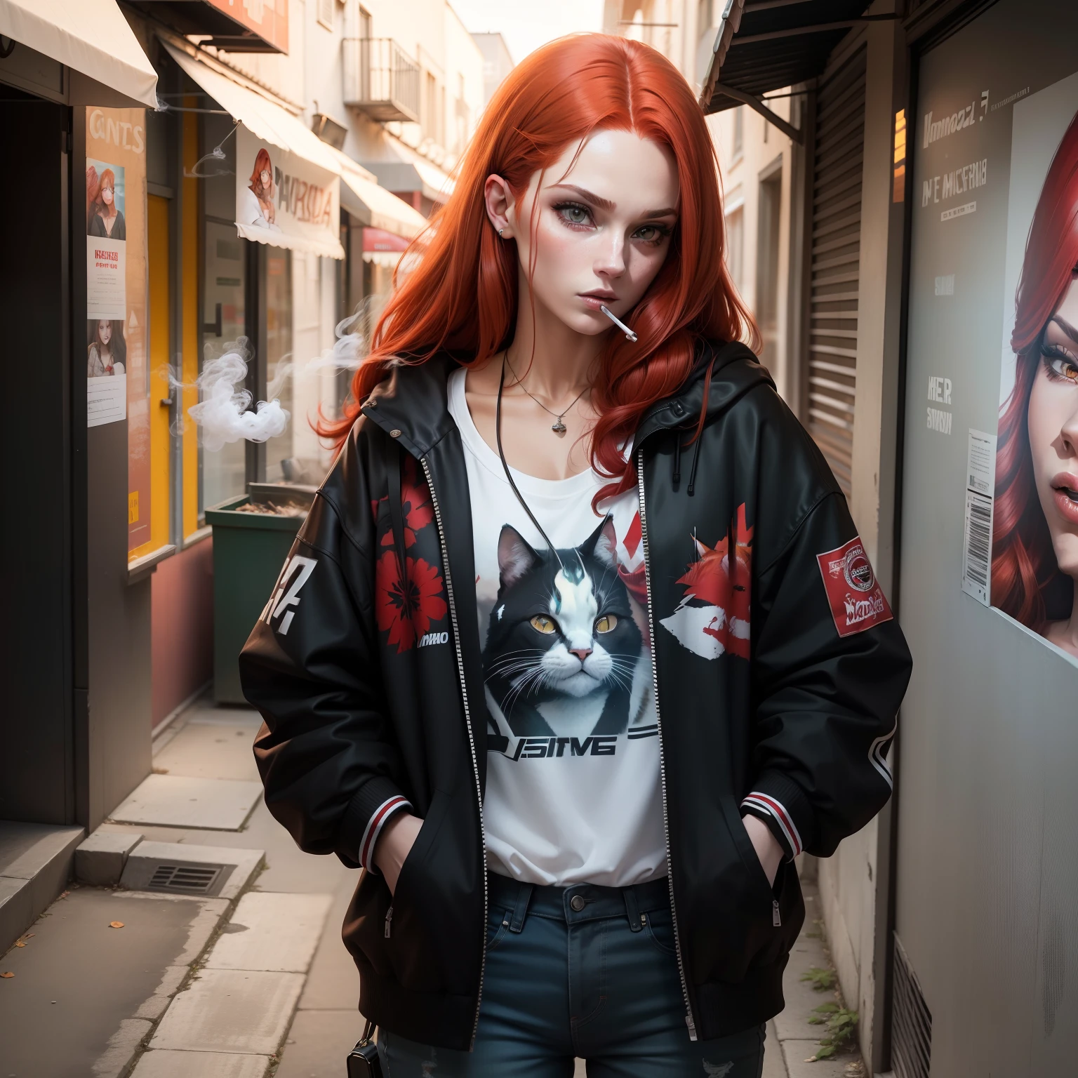 There's a red-haired woman holding a cigarette and letting out smoke through her mouth, tem um gato ao lado dela, She wears loose winter clothes and comfortable hip-hop street wear, paredes de fundo com parede de grafite com grafite