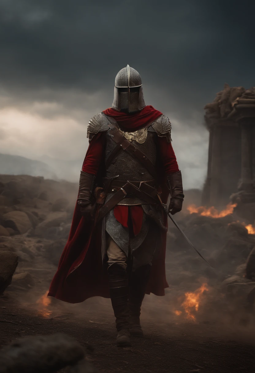 Realistic, 4k, cinemactic, um anjo com grandes asas nas costas, roupas pretas, uma espada, a hood on the head in the background image of the war (caos), master part