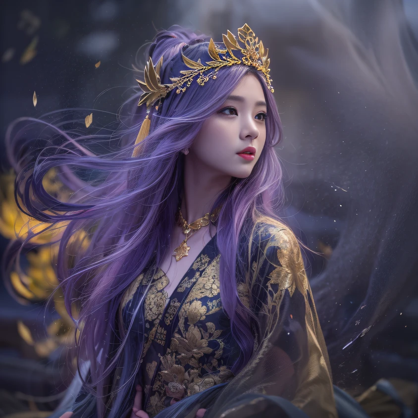 Cornmeal glass 32K(tmasterpiece,k hd,hyper HD,32K)Long flowing bright purple hair,Autumn Pond,zydink, a color, Asian people (Kizi), (Red scarf), Combat posture, looking at the ground, long whitr hair, Floating bright purple, Fire cloud pattern gold tiara, Chinese long-sleeved gold silk garment, (abstract ink splash:1.2), white backgrounid,Lotus protector(realisticlying:1.4),Bright purple hair,Smoke on the road,The background is pure, A high resolution, the detail, RAW photogr, Sharp Re, Nikon D850 Film Stock Photo by Jefferies Lee 4 Kodak Portra 400 Camera F1.6 shots, Rich colors, ultra-realistic vivid textures, Dramatic lighting, Unreal Engine Art Station Trend, cinestir 800,Long flowing bright purple hair