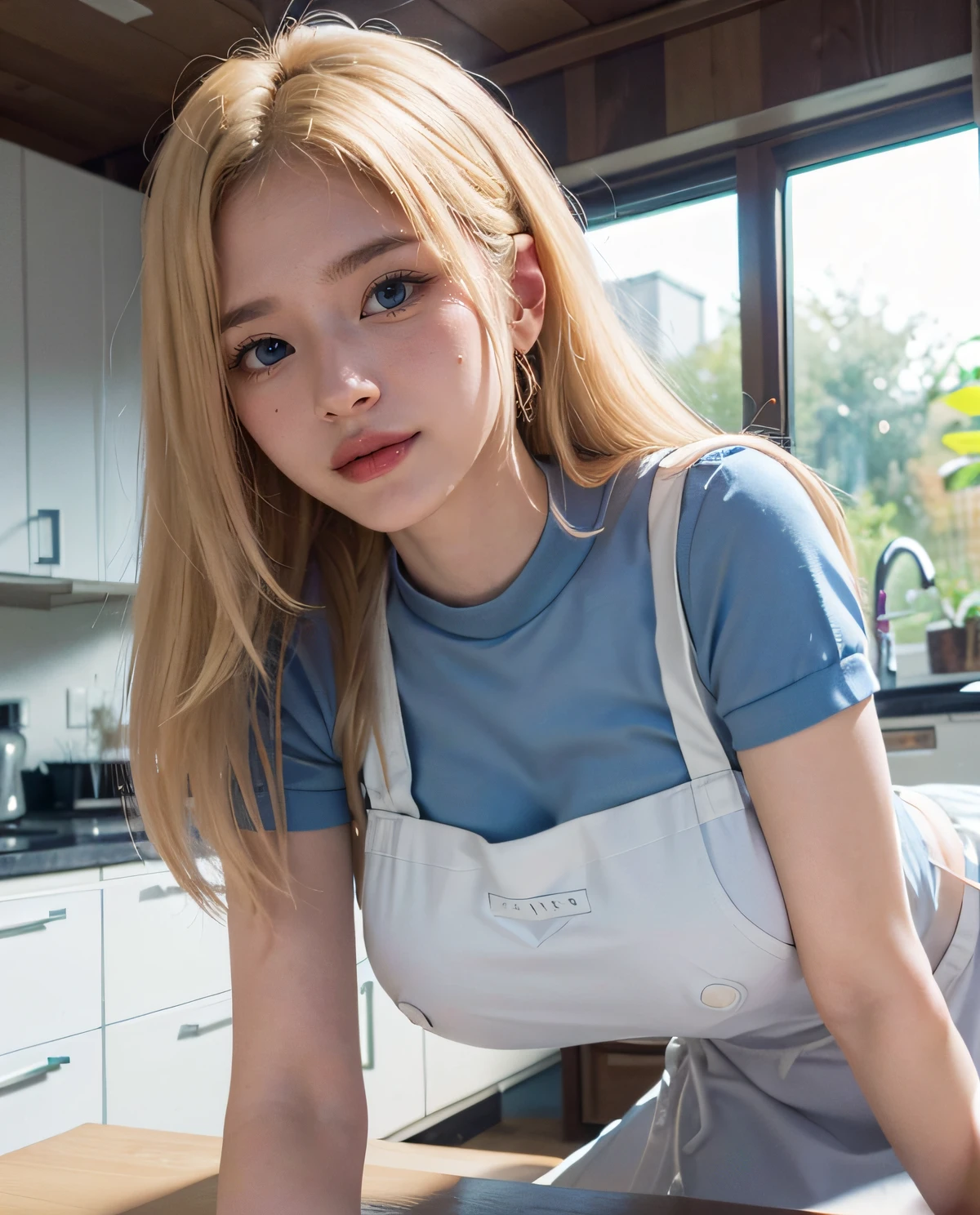 1girl, (Blue Eyes), smiling, (Sana Minatozaki), wide hips, Big Boobs, big ass, (Best Quality, 8k, Masterpiece: 1.3), Clear Focus: 1.2, Perfect Body Beauty: 1.4 , Slender Abs: 1.2, Highly detailed face and skin texture, detailed eyes, double eyelids, (blonde long hair), (white chef apron), (lying on the table :1.2), in the kitchen