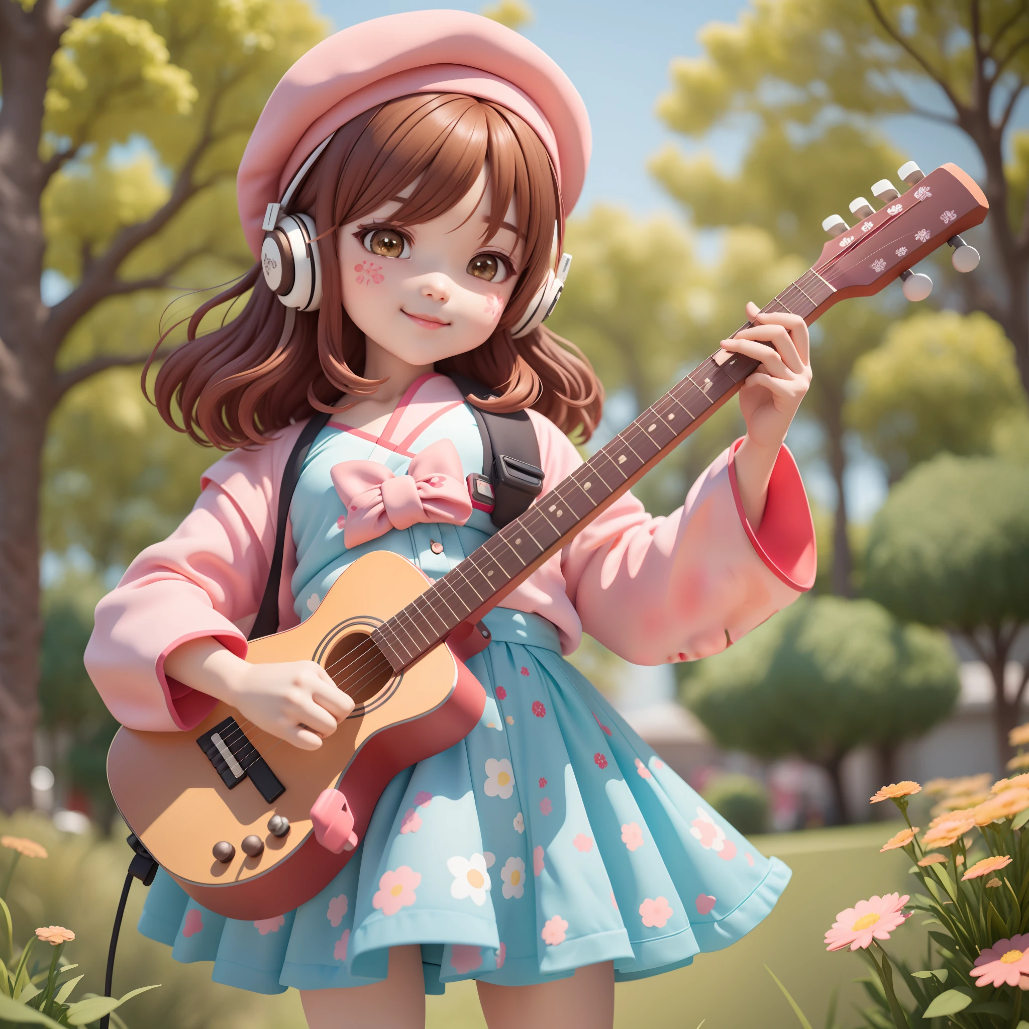 (Daisaku),(Need),(Super meticulous),(full bodyesbian:1.2),1girl,tchibi,adolable,ssmile,Open-mouthed,florals,exteriors,plays the guitar,Music,beret,Hold the guitar,Manteau,Blushlush,The tree,:3,The shirt,short detailed hair,SakuraNS,red headgear,Blurred,A brown-haired,Blush stickers,longer sleeves,By bangs,Earphone,brunette color hair,pinkflower,(beautiful detailed face),(美丽细致的眼睛),