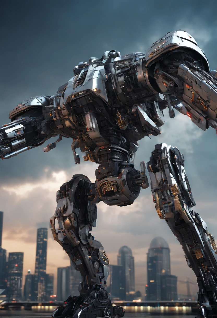 (Top quality, 4k, 8k, high resolution, masterpiece, extremely precise depiction, realistic photography), giant female combat weapon for forced breakthrough, large chest and buttocks, equipped with a waist skirt type protector, bird on the back Equipped with a wing-like flight unit, the destroyed future city, composition looking up from the feet,