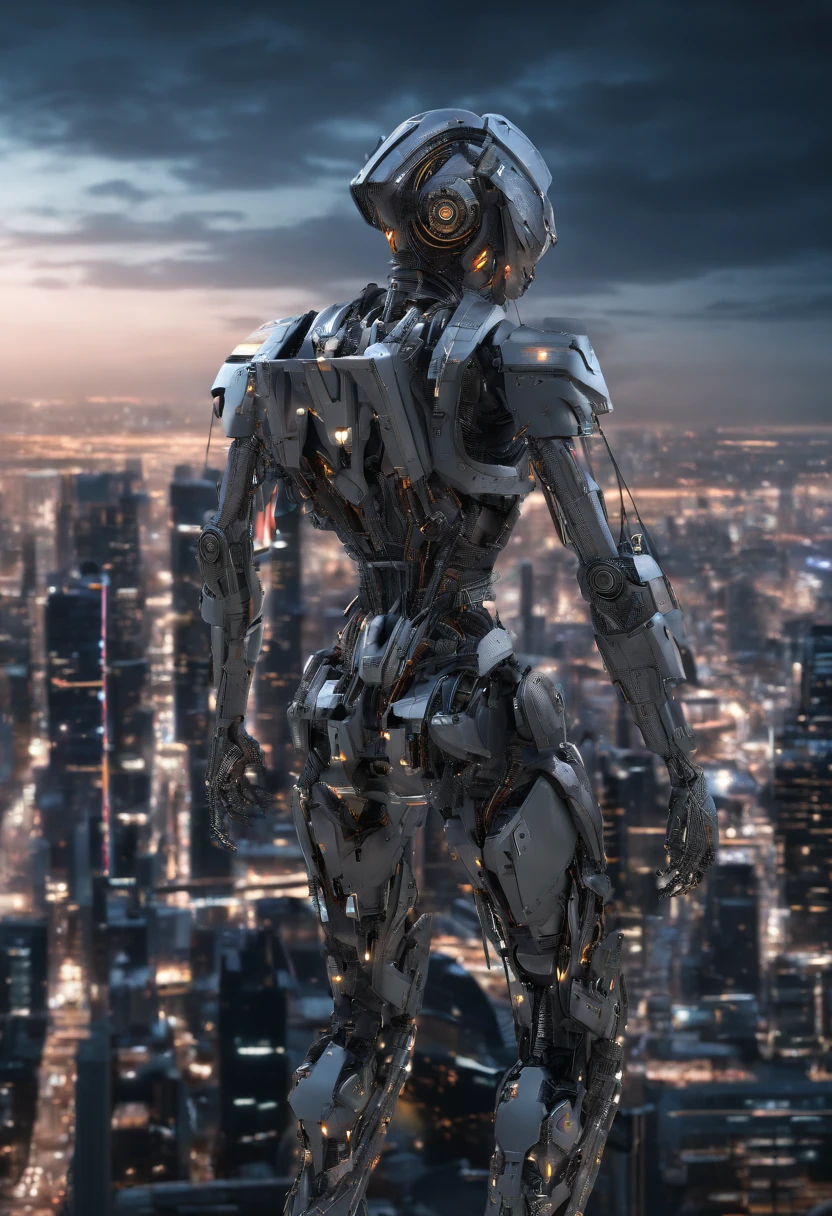 (Top quality, 4k, 8k, high resolution, masterpiece, extremely precise depiction, realistic photography), giant female combat weapon for forced breakthrough, large chest and buttocks, equipped with a waist skirt type protector, bird on the back Equipped with a wing-like flight unit, the destroyed future city, composition looking up from the feet,