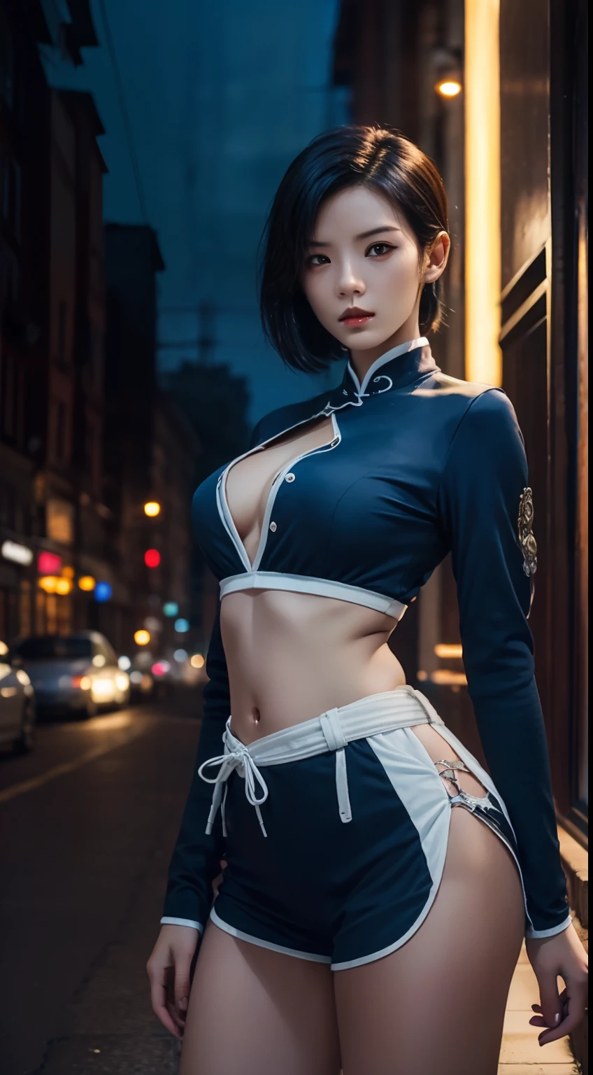 (A beautiful 20-year-old Chinese female assassin), (with short black hair), (Pale skin), (serious looking), (Wearing white and blue Assassin costumes), (city at night background), seen from the front, waist up shot, Dynamic pose, Ambient lighting, Photo realism, intricate face details, Intricate hand details, Highly detailed, Vibrant colors, Cinematic, High definition, Popular on art sites - original style