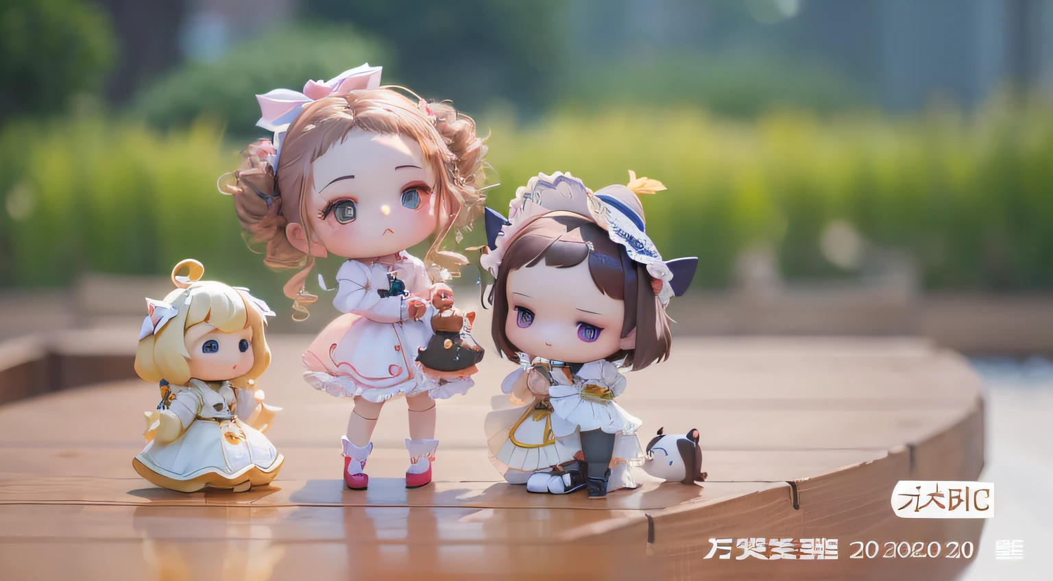 There are three dolls standing on a wooden platform, Cute Pocelain doll, cute cute, Cute:2, trending on cgstation, yanjun cheng, Cute and lovely, 2023 4K, style as nendoroid, 🍁 Cute, several dolls in one photo, JDM, jia, 8K)), valentine