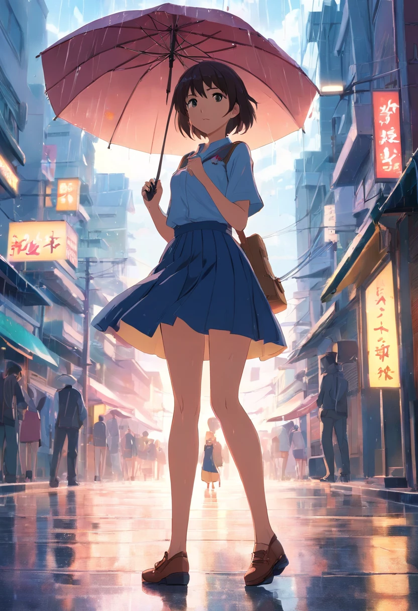 tmasterpiece,best qualtiy,cinematic Film still from,1girll,A cloud girl in a long skirt and knees,It's raining,closeup cleavage,With an umbrella,Have on the street