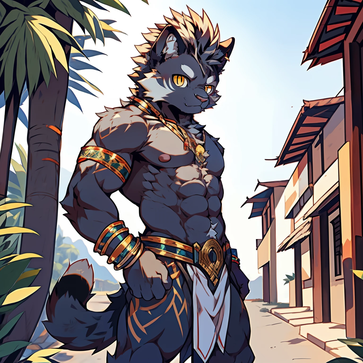 Best quality, Young, , Furry, Solo, Male Black Dragon: 1.5, Black fur: 1.5, Black Ears, Animal Ear, Yellow eyes, Muscular body, Abs, Wearing Thai loincloth , Topless, Standing in street of Thailand , Wearing bracelets, Mohawk hair, Detailed fur, Detailed clothes.