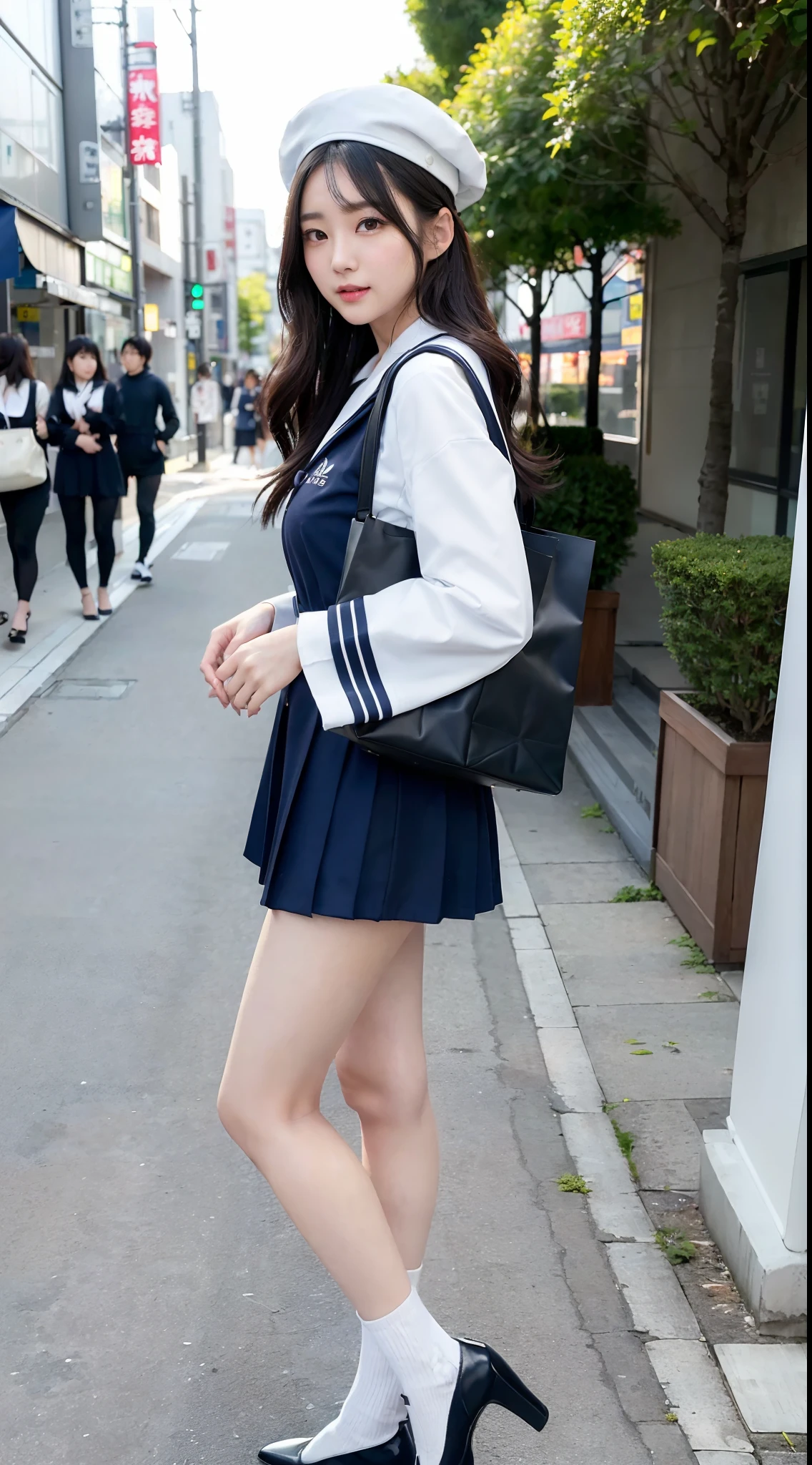 mix4, (16 K, Raw photography, Top image quality, masterpiece: 1.45), (realisitic, Photorealsitic: 1.37), one girls, 7.5, etc,cute little, A city scape,, profetional lighting, photon maping, Downtown Shibuya, physically-based renderingt, Gradient black hair,, a handsome, Well-groomed and beautiful eyes、二重まぶた、girl with, (((student clothes、White sailor suit worn by Japan schoolgirl、The collar has two lines、scarf、Knee-length miniskirt、Navy Blue Beret))), Top Quality Photos, hight resolution, 1080p, (clearface), (Detailed face description), (Detailed hand description), (masterpiece), (Exquisite CG)、extreme light and shadows、dishevled hair、master work、abundant detail、(Fine facial features)、(top quality photo)、(masuter piece)、(A detailed eye)、Look in front of you、Fine clavicle、((Slender big))、(((a sailor suit)))、((Sexy Idol System))、((Gingko tree-lined shopping street))、(Shooting from random perspectives)、(((Anyway cute)))、耳Nipple Ring、A big smile、Drawing the whole body from the knees、Do not draw nasolabial folds、(((Carrying a student bag)))、Big breasts that hang down big、Big buttocks with tension、Two legs、(((from the front side:1.1)))、bare hand、
