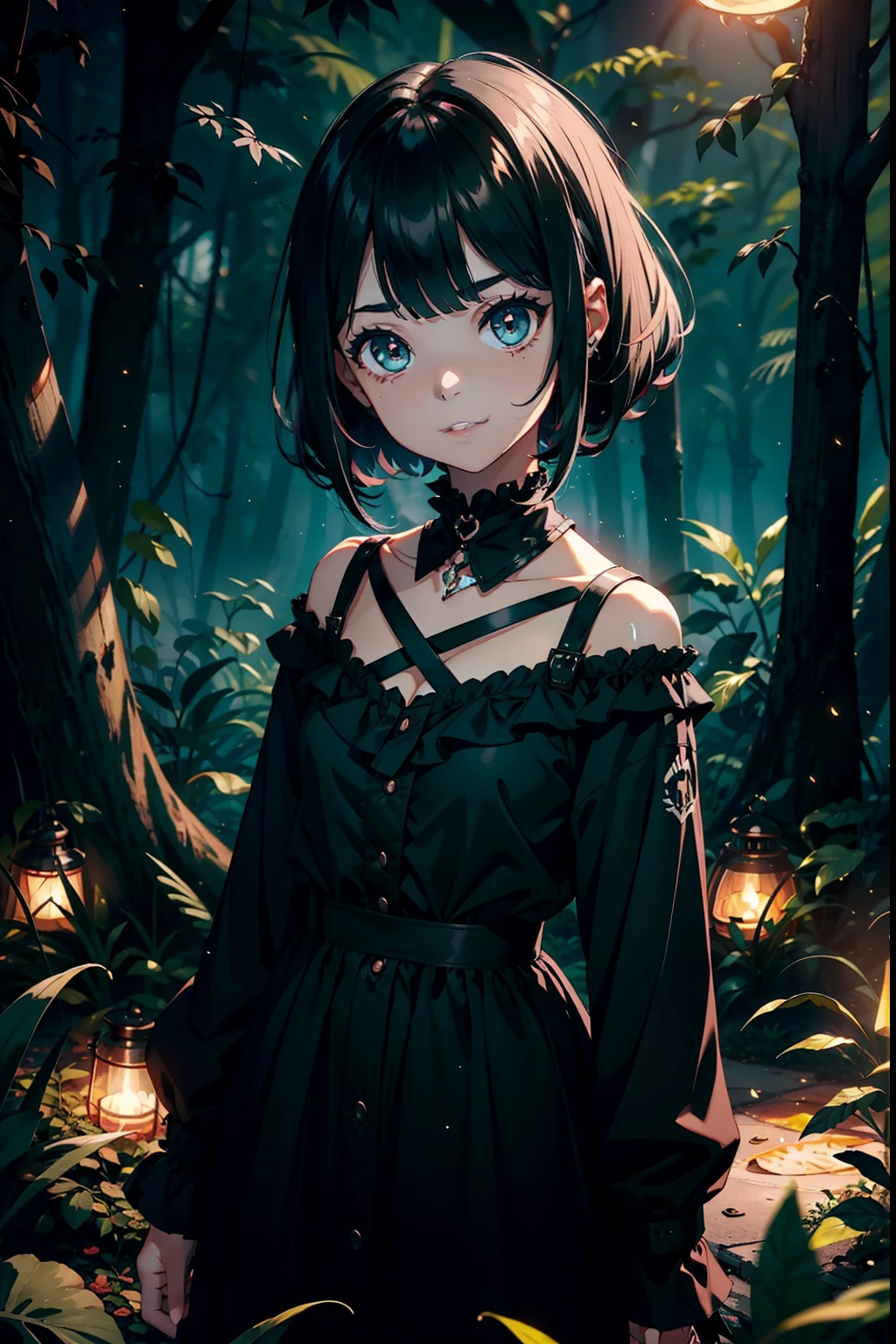Rapariga, goth girl, menina emo, curto, ghotic lolita, corte de cabelo, menina pequena, seios pequenos, sorridente, roupas de couro preta, Batom Preto, olhos vermelhos, sorridente, em uma floresta, Noite, Fireflies on the set, 4k