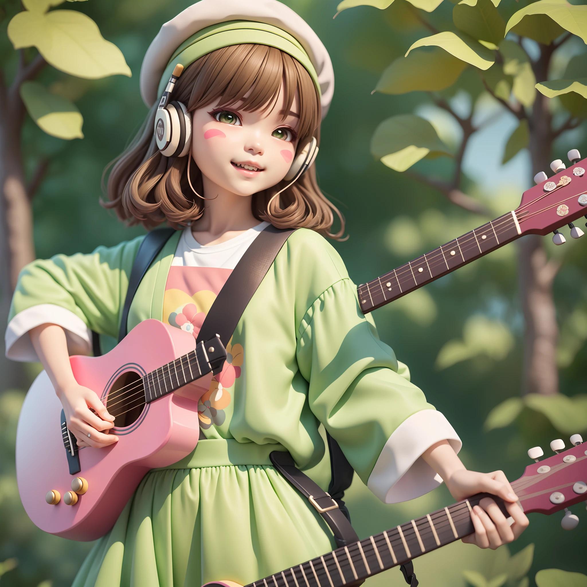 (nude1.3) (obra-prima),(melhor qualidade),(ultra-detalhado), (corpo inteiro: 1.2), 1girl,chibi,fofo, sorriso, boca aberta, flor, ao ar livre, playing the guitar, music, boina, holding guitar, jaqueta, blush , tree, :3, camisa, cabelo curto, flores de cerejeira, headwear verde, blurry, cabelo castanho, adesivos de blush, mangas compridas, franja, fones de ouvido, cabelo preto, flor rosa, (rosto bonito e detalhado), (lindos olhos detalhados), (nude1.3)