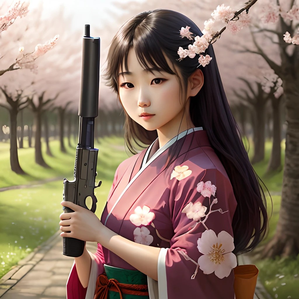 Cute Japanese girl holding a gun ,Sakura tree,forest, realistic