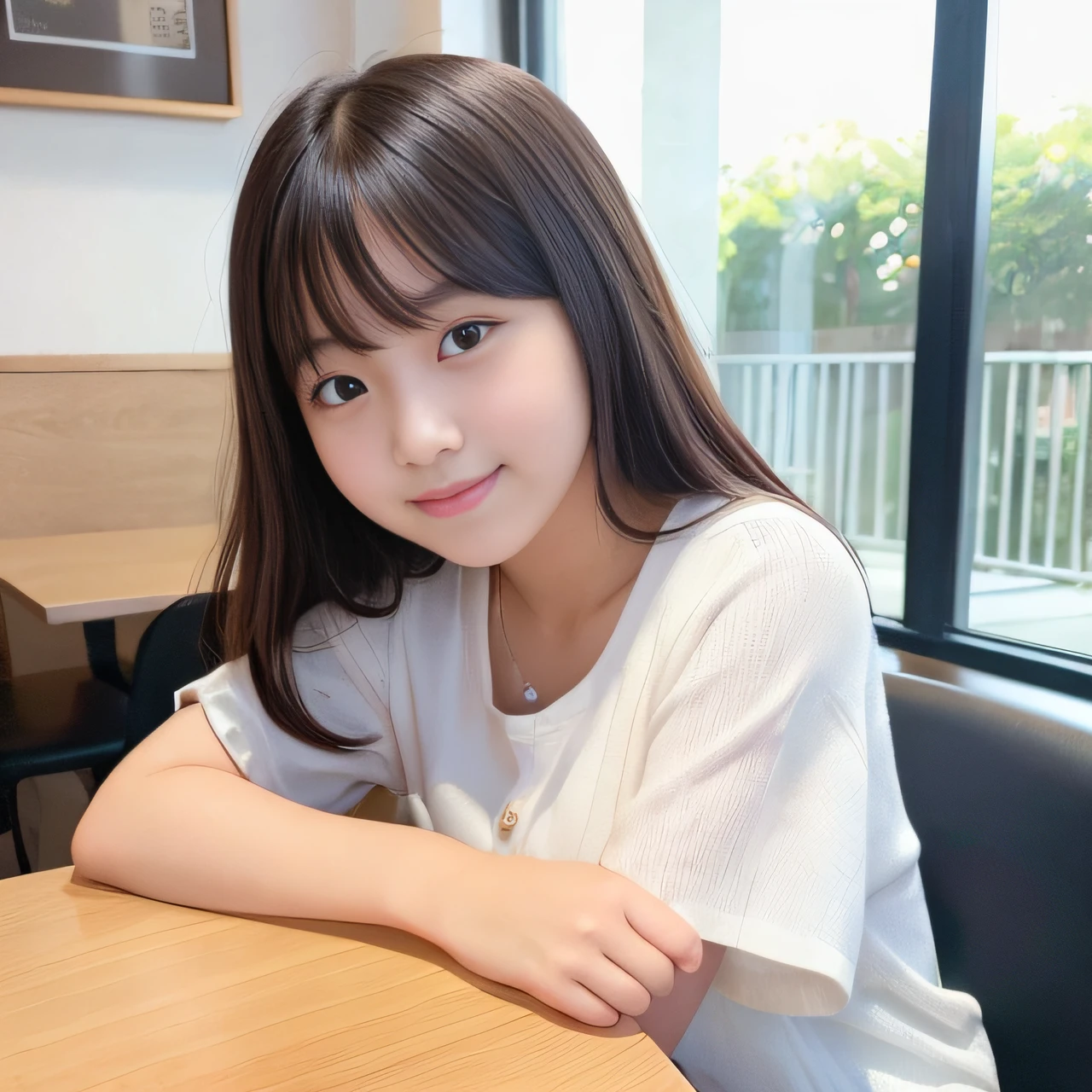 1girl, black hair, (:1.3),
A girl is sitting at the table across from me in the cafe, There is a cafe latte on the table, a cup of cafe latte, She is looking at me and smiling, (whole body:1.3),
(8k, RAW photo, best quality, masterpiece:1.2), High detail RAW color photo, professional photograph,(realistic, photo realistic:1.2), ((best quality)), bokeh, f/2.8, 35mm,
japanese girl, detailed beautiful face, detailed face, (bashful smile:1.2),captivating smile, beautiful, extremely pretty, cute like a doll, loli, femalel, round big eyes, small nostrils,