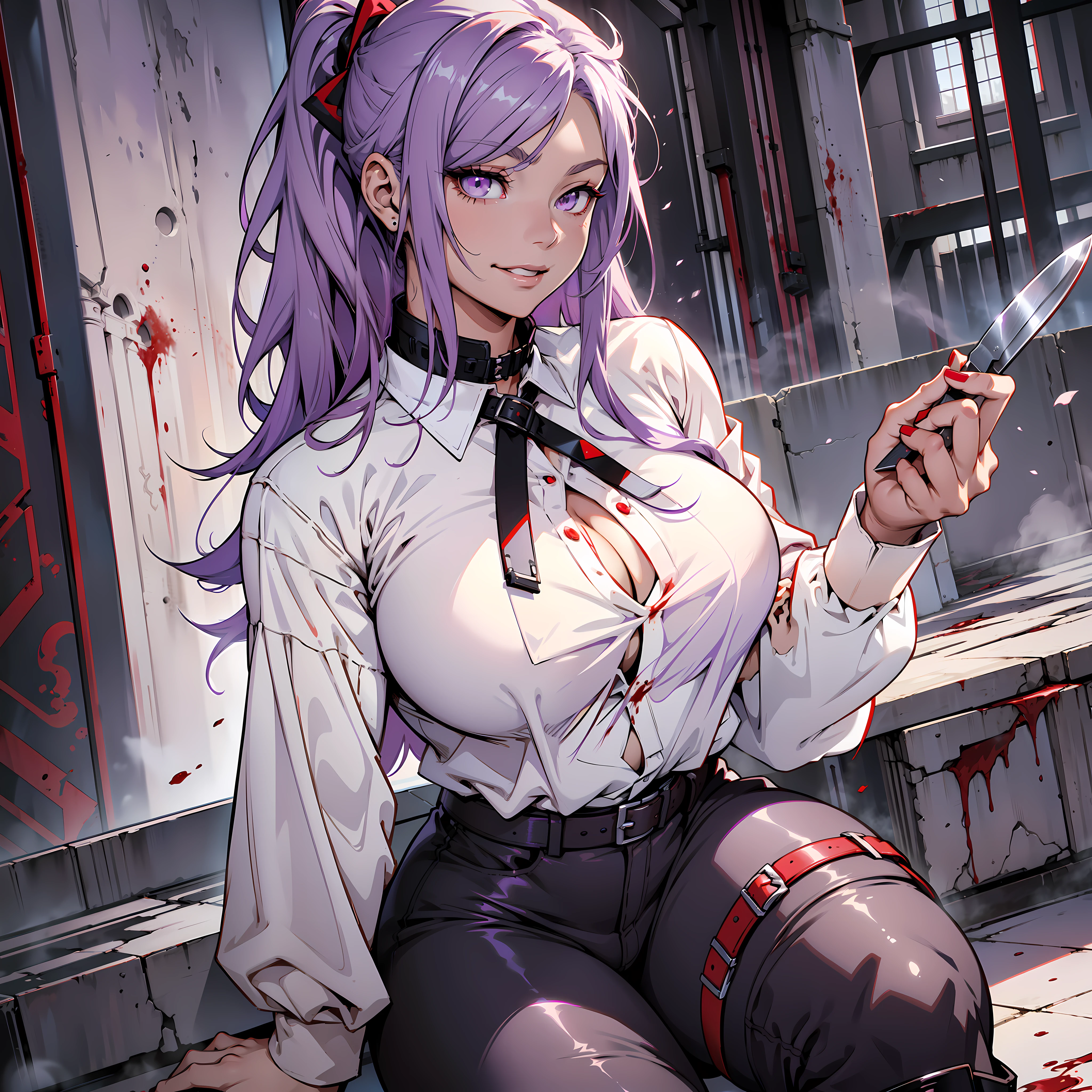 Young woman of anime, curvy, thick thighs, large breasts, beautiful face, soft face, evil smile, white blouse with blood stain, long pants of red color, boots of black color, bloody knives in the hands, hair in ponytail, straight hair, hair of lilac color, white locks in the hair, violet colored eyes, white skin, dark hall scenery.