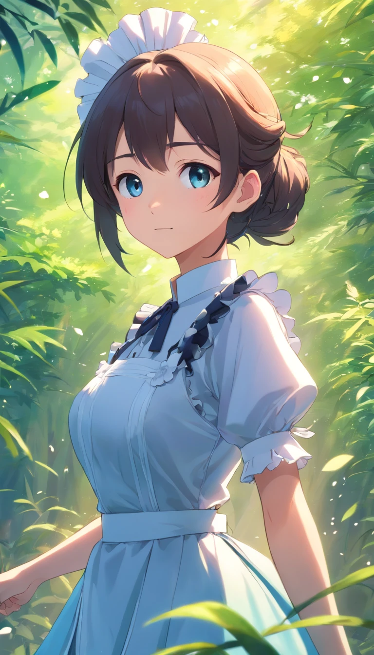 Masterpiece, best quality, (very detailed CG unity 8k wallpaper) (best quality), (best illustration), (best shadows) Nature', blue sea,delicate leaves petals of various colors falling in the air light Tracking, super detailed , 1girl, solo, ((maid, big breasts)), --v6