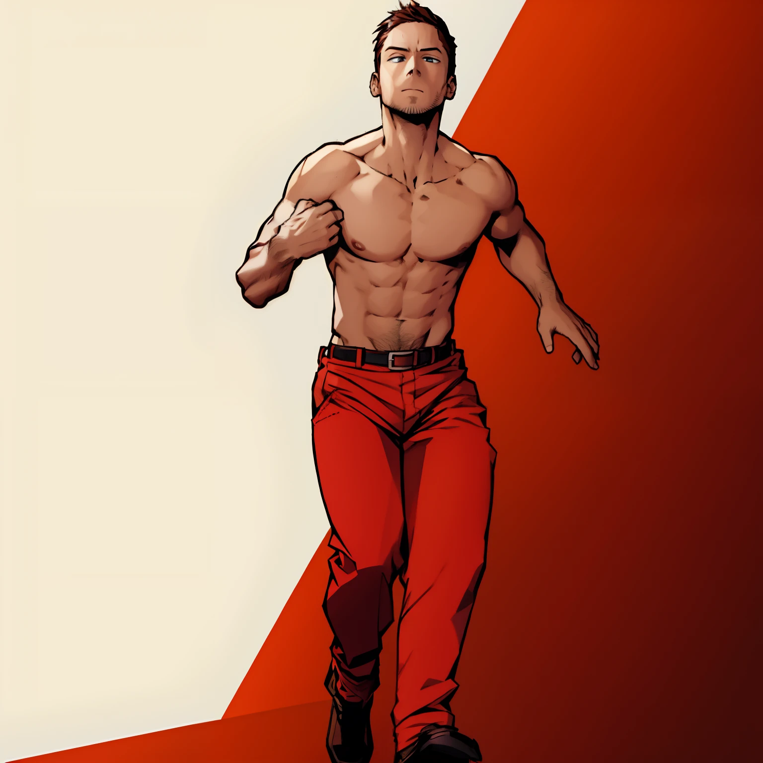 um homem, wavy brown hair combed back, com costas curvadas, Pants, bare-legged, fundo branco