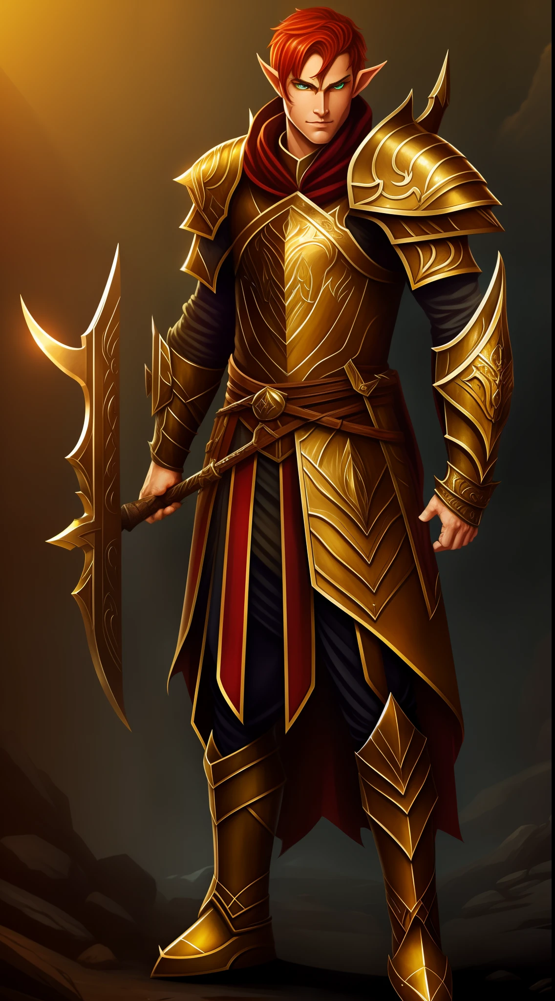 Full body illustration of man elf paladin warrior red hair with green eyes and thin pupils scar cutting eye and golden medieval armor