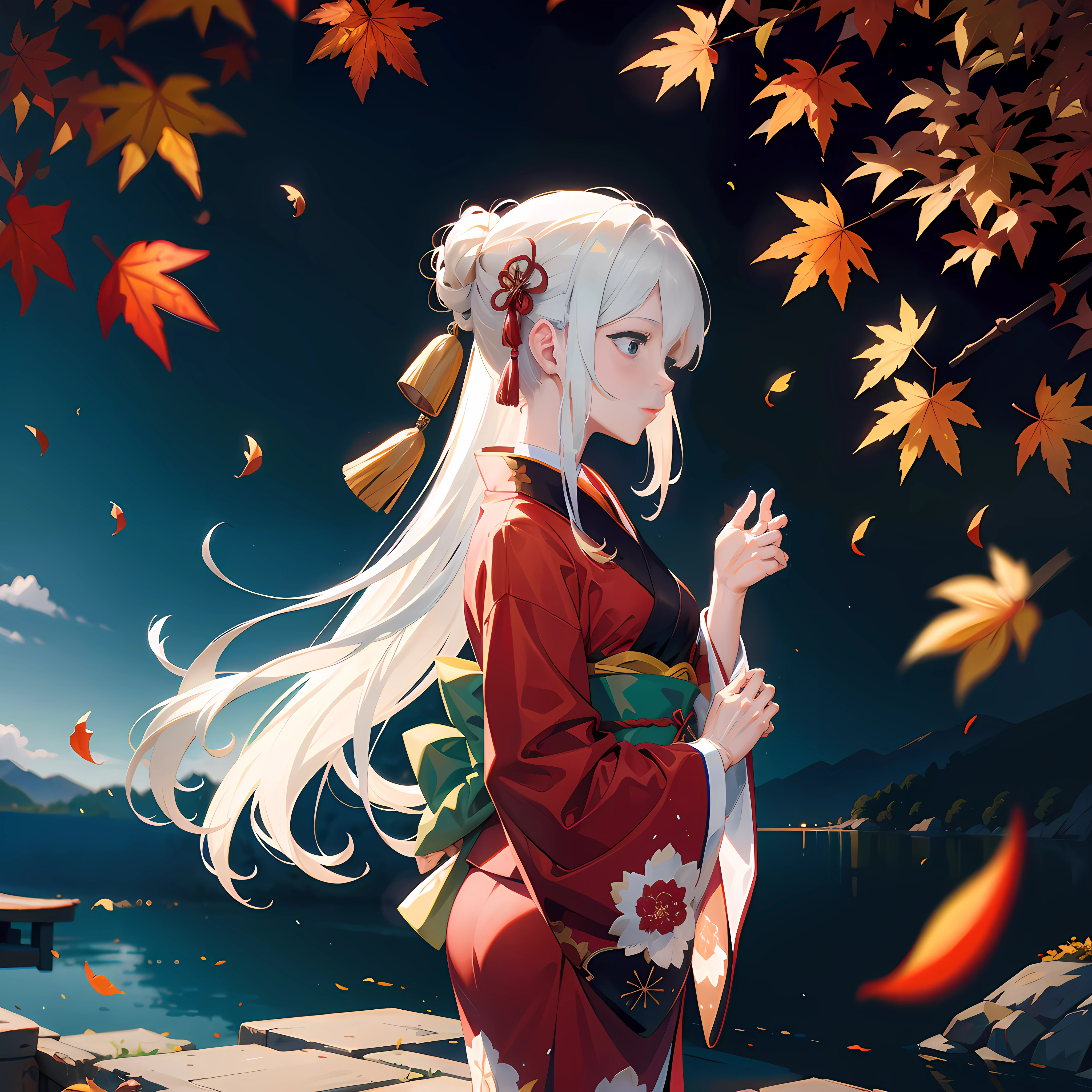 (masterpiece), high quality, kimono, graceful, peaceful, autumn colors, falling leaves, traditional Japanese, solo, passionate colors, standing beautiful white-haired girl
