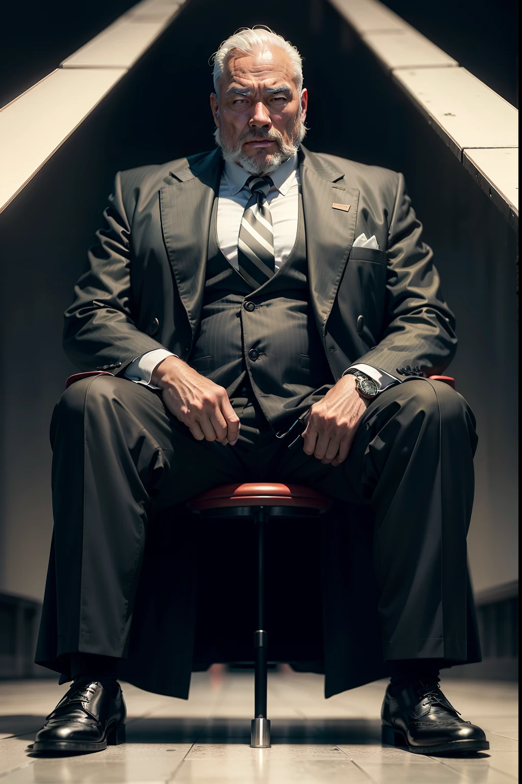 45-year-old middle-aged man,Man,grampa,Height 195,Asian people,sitting on a metal throne,God perspective,The eyes are about to face each other,Chinese men,musculature,Lift one foot,Wearing a black and white striped suit,Black and white striped trousers,red necktie,Wear a long fluorescent green trench coat,Black socks,Brown oxford shoes,Cord,Ferocious and ferocious,Club background,With crutches in hand