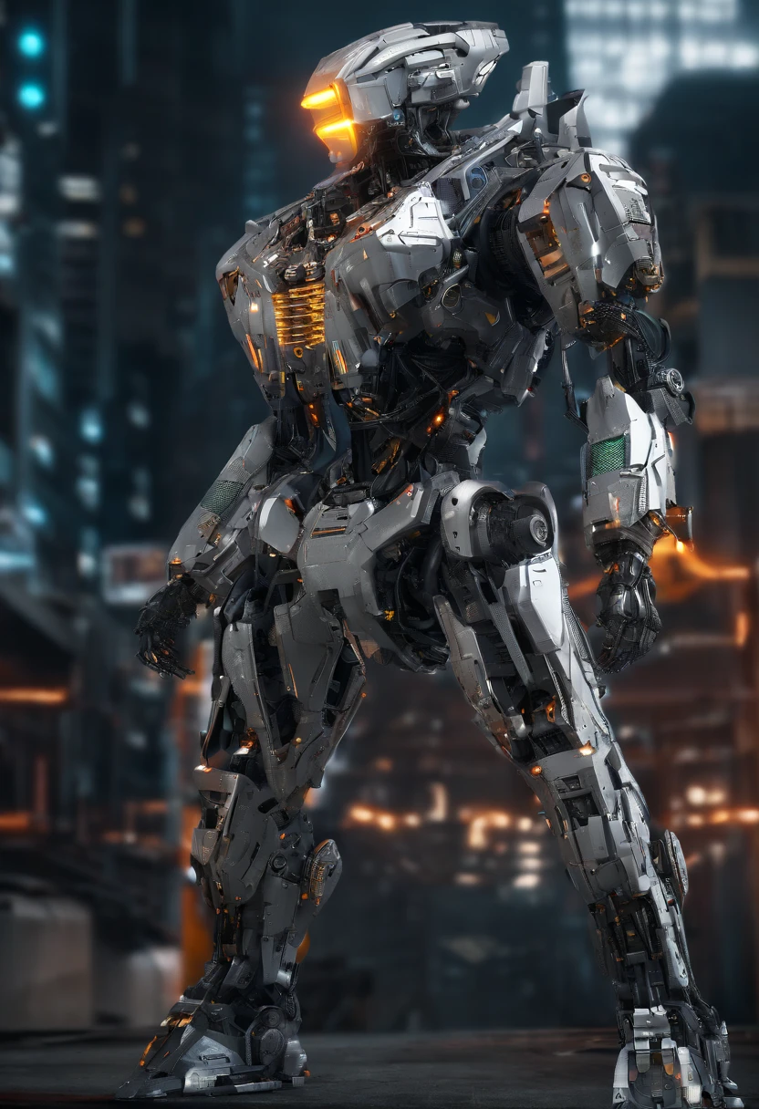 (Top quality, 4k, 8k, high resolution, masterpiece, extremely precise depiction, realistic photography), Giant female combat weapon for forcibly breaking through enemy attacks, large chest and buttocks, waist skirt type protector Equipped with a flight unit like a bird's wing on its back, a large laser cannon in its hand, a destroyed future city, a composition looking up from its feet,