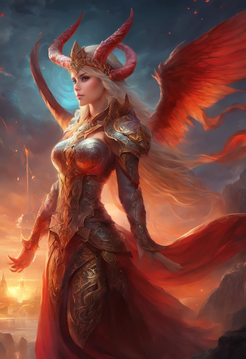 top-quality、Beautiful Russian woman、｛｛｛The whole body is shown｝｝｝、Female Devil King、Female Devil、Red Eyes、demon armor、Devil's Bikini Armor、Fantasia、horns grow on the head、Dark Castle、grand background