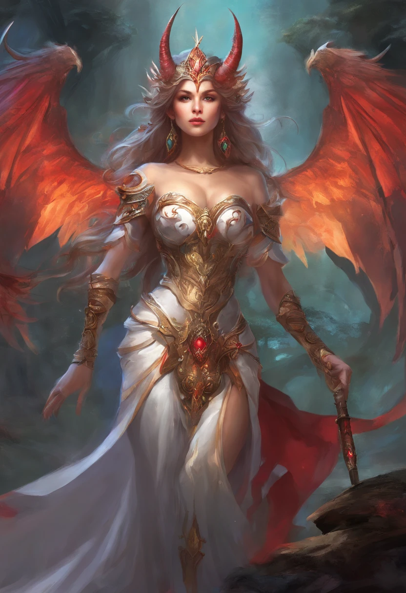 top-quality、Beautiful Russian woman、｛｛｛The whole body is shown｝｝｝、Female Devil King、Female Devil、Red Eyes、demon armor、Devil's Bikini Armor、Fantasia、horns grow on the head、Dark Castle、grand background