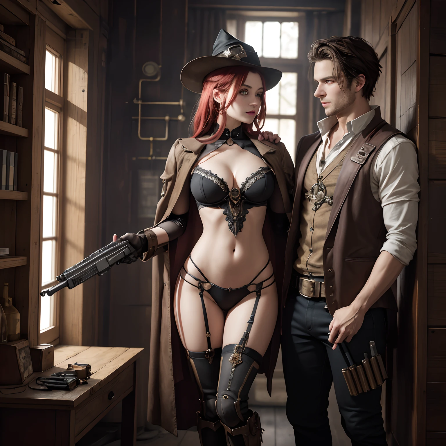 (American Shot), a Steampunk girl and man couple. She is a very beautiful girl. He wears a short T-shirt and she wears sexy clothes. Both are in a movie poster pose carrying weapons like in the poster of the movie Hansel and Gretel: Witch Hunters, The girl with (very light eyes), is a beautiful Steampunk goddess with (small breasts) and ((small hips)). She stands about 5' 3'' inches tall. He is taller than she, (Looking at the camera), has a lot of steampunk accessories on clothes that light up, and Steampunk digital art, She is a mechanized Valkyrie Girl, They are in a room, The Picture is a very warm atmosphere, with red tones.