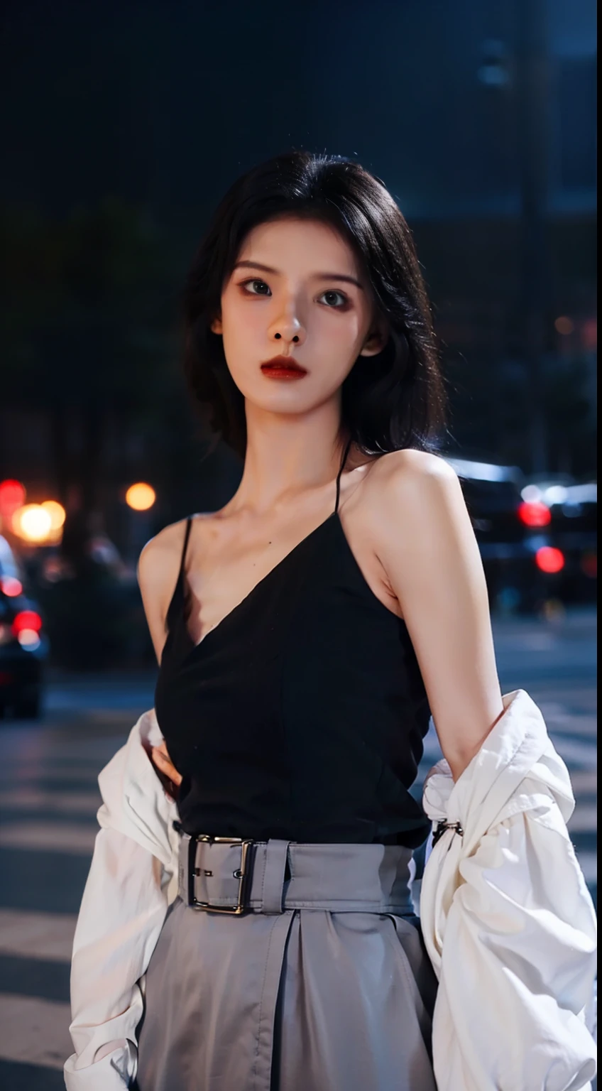 (A beautiful 20-year-old Chinese female assassin), (with short black hair), (Pale skin), (serious looking), (Wearing white and blue Assassin costumes), (city at night background), seen from the front, waist up shot, Dynamic pose, Ambient lighting, Photo realism, intricate face details, Intricate hand details, Highly detailed, Vibrant colors, Cinematic, High definition, Popular on art sites - original style