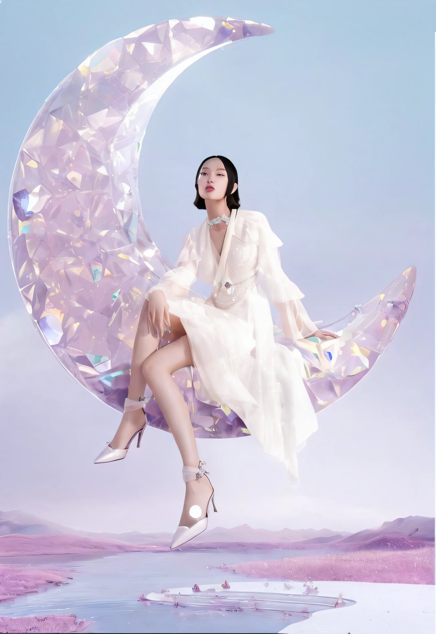 Woman in Alafe sitting on crescent moon with diamond in hand, sitting on the moon, kiko mizuhara, lulu chen, futuristic and ethereal, masha krasnova, perfume, sha xi, bella poarch, Xianxia Fantasy, mingchen shen, advertisement picture, ethereal fantasy, dior campaign, Pearlescent shades, jingna zhang