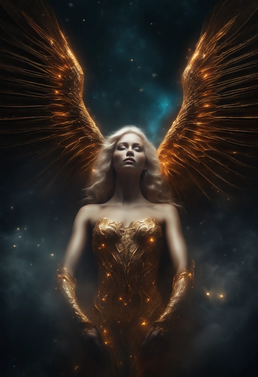 cosmic fallen angel, olhos claros brilhantes, Biomechanicals, estranho, assustador, Pesadelo, cores muito brilhantes, light particles, com luz brilhante, Mshiff, Arte do papel de parede, Papel de parede UHD