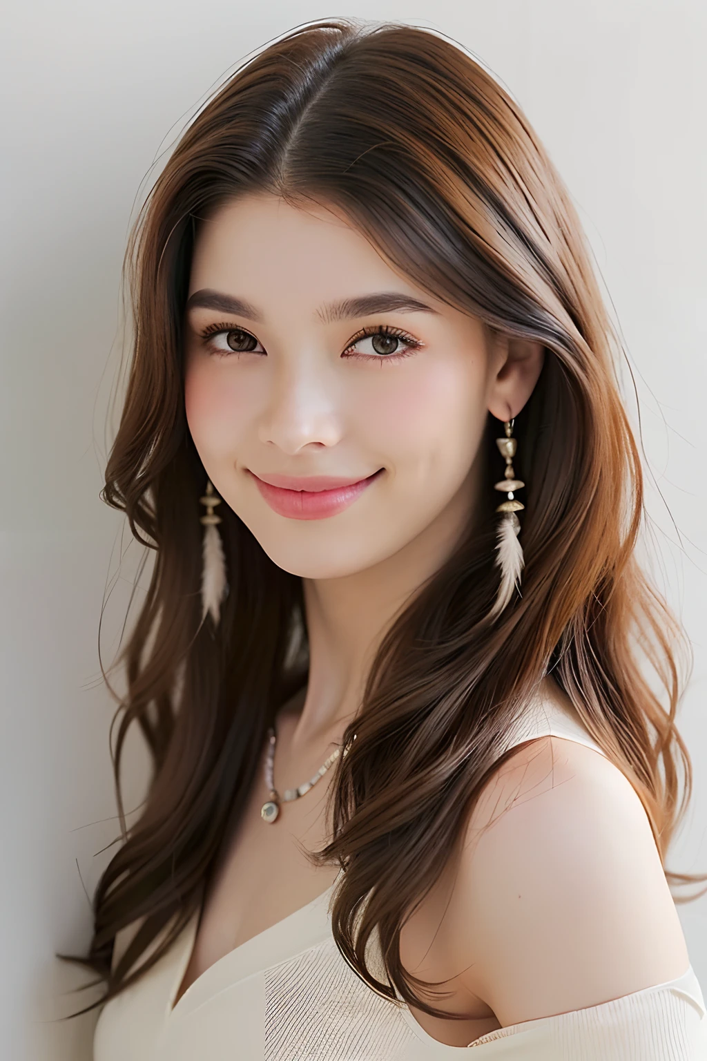 (extra detailed body、extra detailed face、best qualtiy:1.2)、femele、looking at the viewers、(brown curly hair、a smile、Flashy floral hair ornament、Earrings of bird feathers up to the shoulders、a necklace、)、(Cream wall on background:1.4)