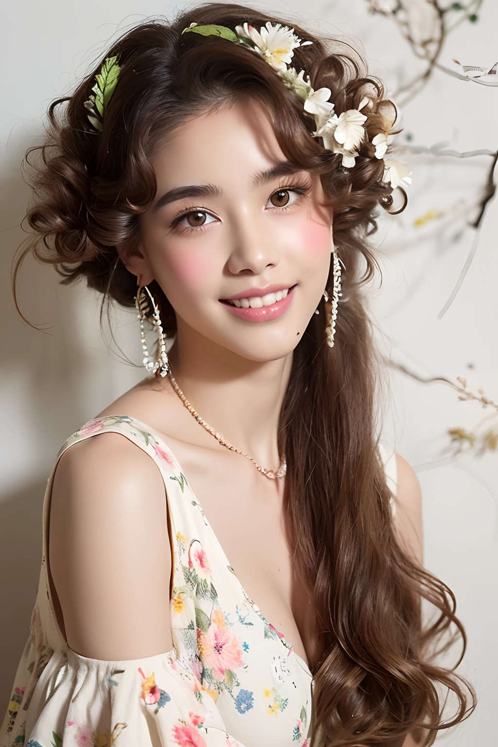 (extra detailed body、extra detailed face、best qualtiy:1.2)、femele、looking at the viewers、(brown curly hair、a smile、Flashy floral hair ornament、Earrings of bird feathers up to the shoulders、a necklace、hippy、15yo student)、(Cream wall on background:1.4)