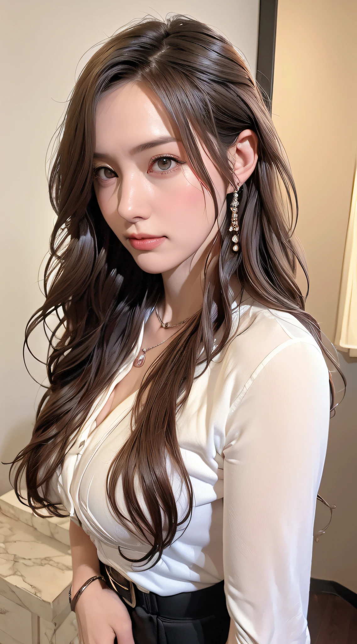 (top-quality、hight resolution、​masterpiece:1.3)、Tall and cute woman、Slender Abs、Dark brown hair styled in loose waves、large full breasts、Wearing a pendant、White button-up shirt、a belt、a black skirt、(Modern architecture in background)、Details exquisitely rendered in the face and skin texture、A detailed eye、二重まぶた、爆乳、