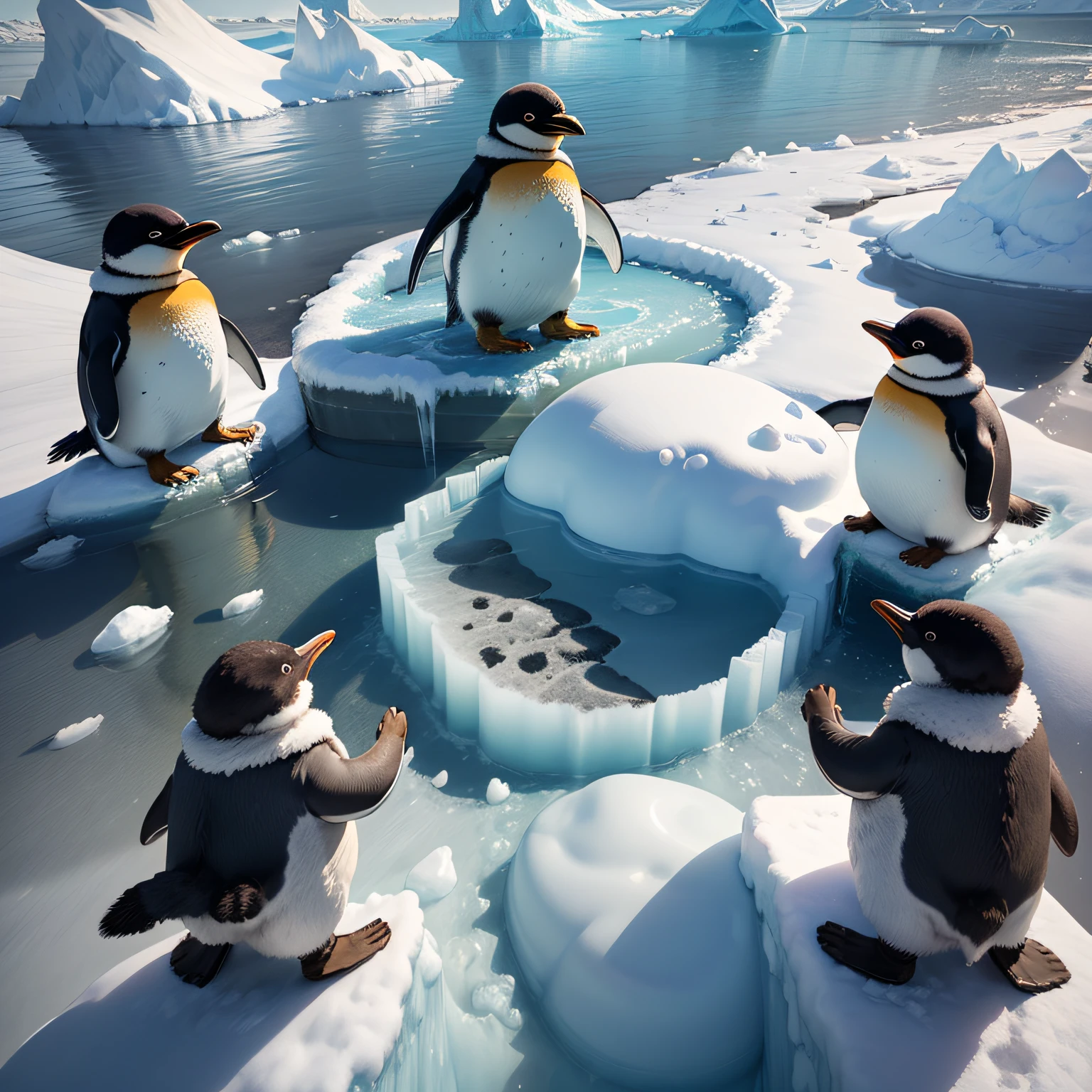 a group of penguins in a vast icy South Pole, iceberg. ice sheet, detailed CG Unity 8K wallpapers)、(top-quality)、(The best illustrations)、(Best Shadows), hight resolution、(​masterpiece:1.4)、