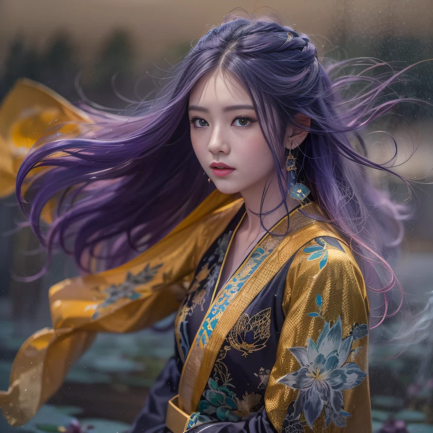 Cornmeal glass 32K(tmasterpiece,k hd,hyper HD,32K)Long flowing bright purple hair,Autumn Pond,zydink, a color, Asian people (Kizi), (Red scarf), Combat posture, looking at the ground, long whitr hair, Floating bright purple, Fire cloud pattern gold tiara, Chinese long-sleeved gold silk garment, (abstract ink splash:1.2), white backgrounid,Lotus protector(realisticlying:1.4),Bright purple hair,Smoke on the road,The background is pure, A high resolution, the detail, RAW photogr, Sharp Re, Nikon D850 Film Stock Photo by Jefferies Lee 4 Kodak Portra 400 Camera F1.6 shots, Rich colors, ultra-realistic vivid textures, Dramatic lighting, Unreal Engine Art Station Trend, cinestir 800,Long flowing bright purple hair