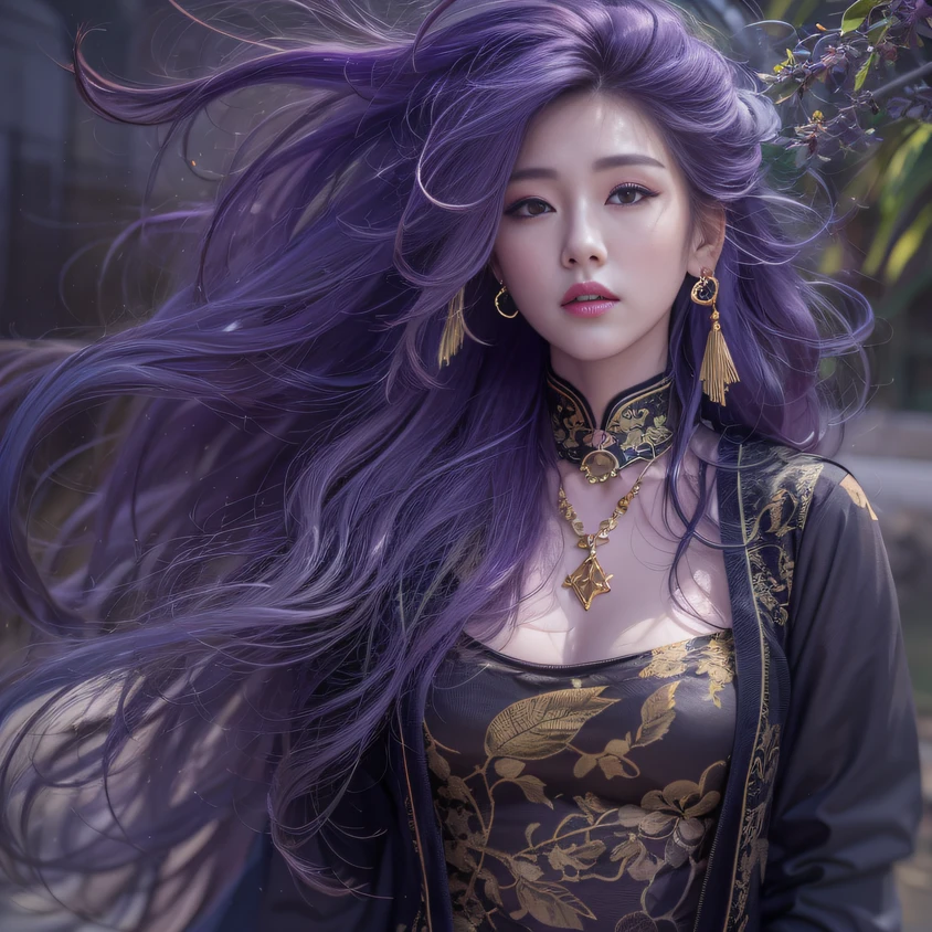 Cornmeal glass 32K(tmasterpiece,k hd,hyper HD,32K)Long flowing bright purple hair,Autumn Pond,zydink, a color, Asian people (Kizi), (Red scarf), Combat posture, looking at the ground, long whitr hair, Floating bright purple, Fire cloud pattern gold tiara, Chinese long-sleeved gold silk garment, (abstract ink splash:1.2), white backgrounid,Lotus protector(realisticlying:1.4),Bright purple hair,Smoke on the road,The background is pure, A high resolution, the detail, RAW photogr, Sharp Re, Nikon D850 Film Stock Photo by Jefferies Lee 4 Kodak Portra 400 Camera F1.6 shots, Rich colors, ultra-realistic vivid textures, Dramatic lighting, Unreal Engine Art Station Trend, cinestir 800,Long flowing bright purple hair