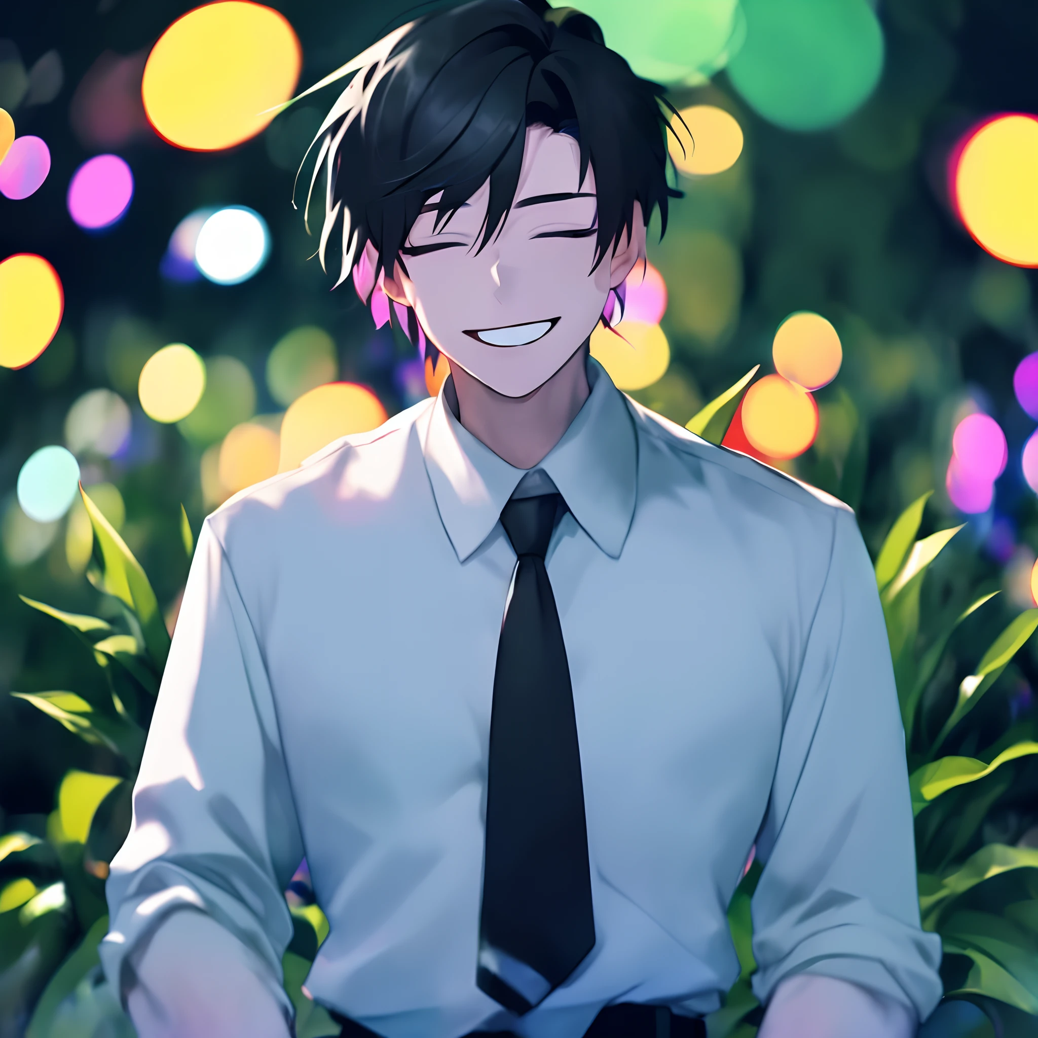 1boy,man, (black hair:1.4) (smile, close eyes:0.992),outdoor,(upper body, face close-up:1.4) (whiteshirt,necktie,black pants ) (background bokeh:1.2), plants