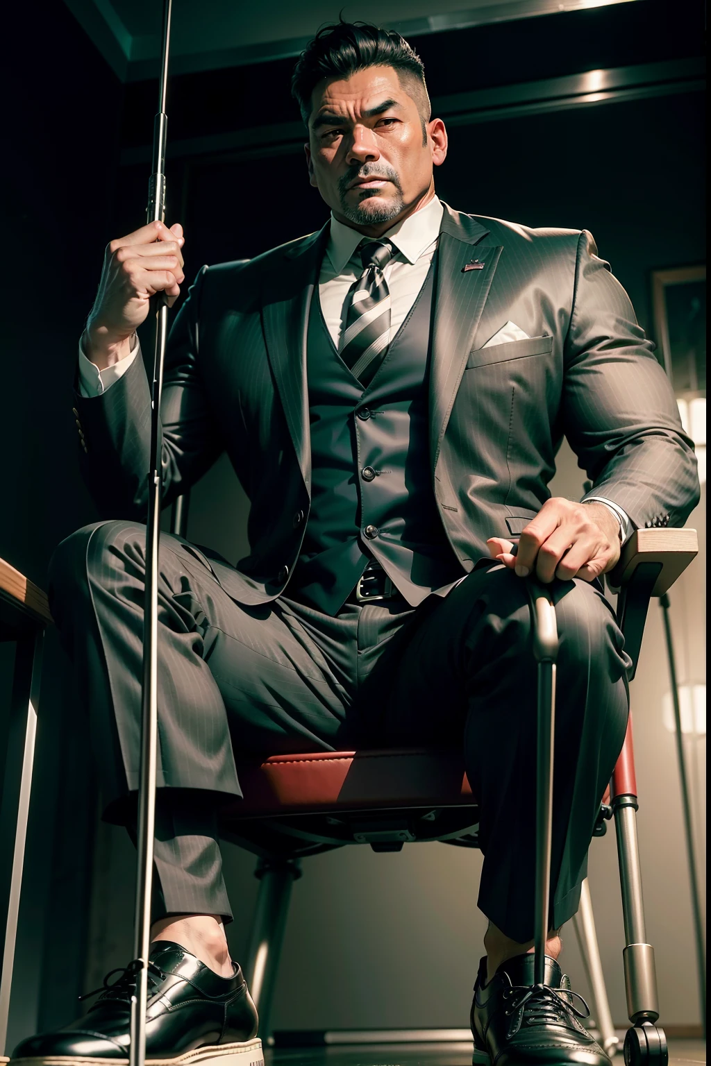 45-year-old middle-aged man,Man,Height 195,Asian people,sitting on a metal throne,God perspective,The eyes are about to face each other,Chinese men,musculature,Lift one foot,Wearing a black and white striped suit,Black and white striped trousers,red necktie,Wear a long green trench coat,Black socks,Brown oxford shoes,Cord,Ferocious and ferocious,Club background,With crutches in hand