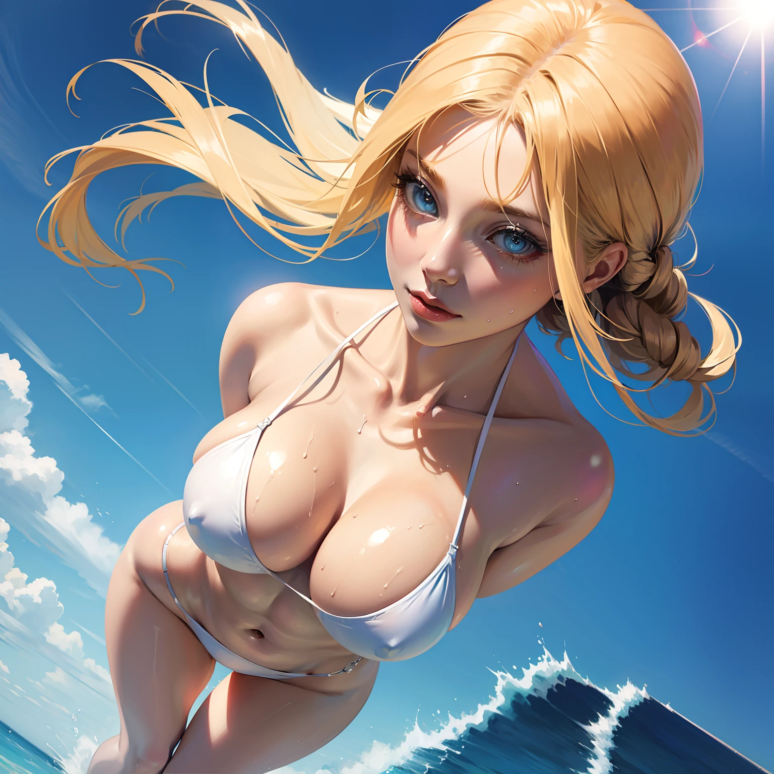 ultra-photorealistic, extremely seductive woman, enormous breasts, Celestial Sun Beach, super detailed illustration, blonde hair, sparkling blue eyes, white bikini, sweaty body, vivid colors, sharp focus