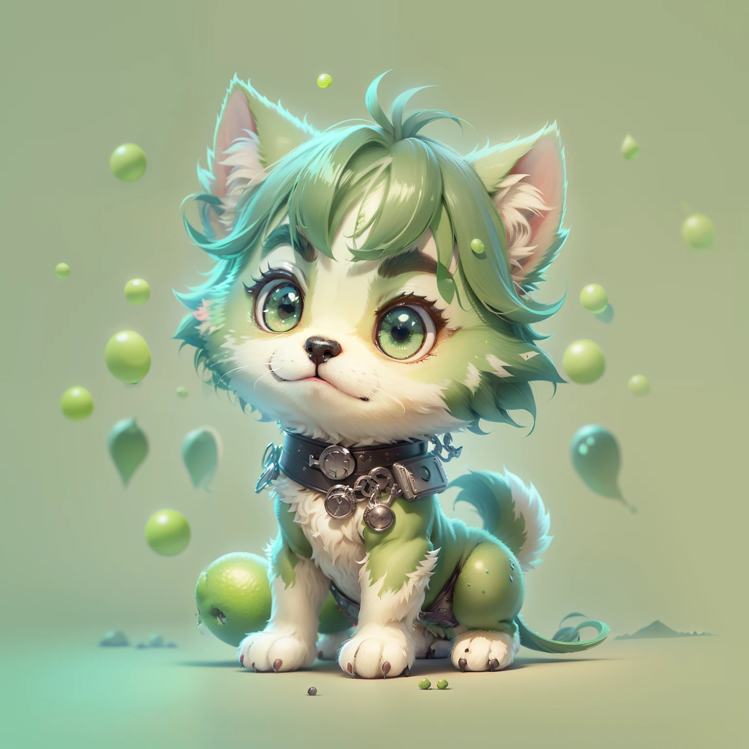 Cute little surreal anime lime green wolf chibi, cute cute, Logo design, Cartoon, movie light effect, Lovely, 3D vector art, Cute and quirky, Fantasy art, Bokeh, handpainted, Digital painting, Soft lighting, Style isometrics, 4K 分辨率, Photorealistic rendering, highly detailed cleaning, Vector image, Photorealistic masterpiece, Professional photography, simple space background, Flat lime green background, Vibrant, isometric vector，Moe Moe