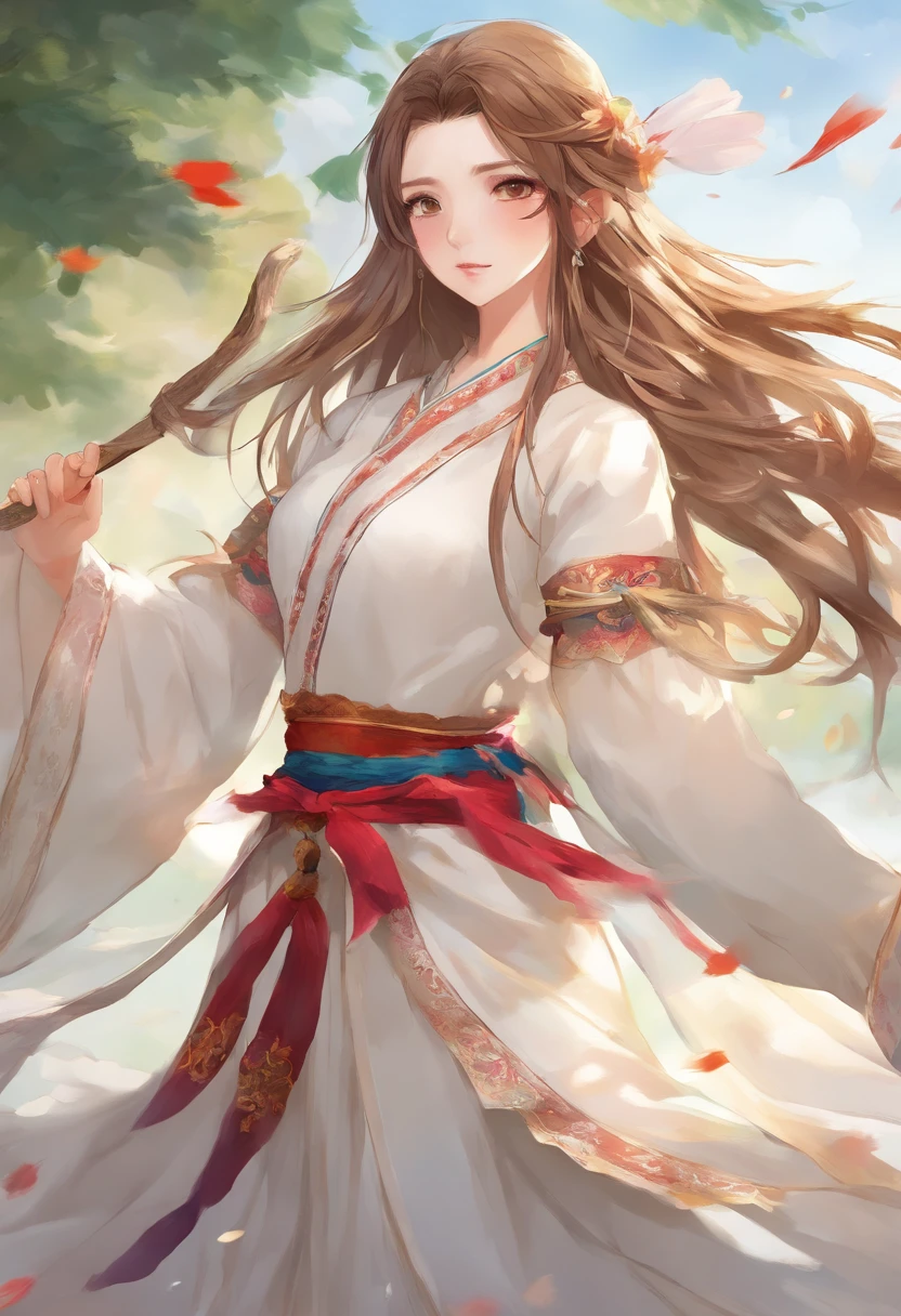 masterpiece, best quality, 1girl, brown hair, brown eyes, female swordmaster walking, dutch angle, cinematic, volumetric lighting, sunbeam, soft lighting, mystical, magical, rim lighting, fantasy, sparkle, glittering, ponytail hairstyle, hanfu, carrying sword on her hip, ancient china, white and yellow clothes, bird, cranes, long hair, thick eyebrow