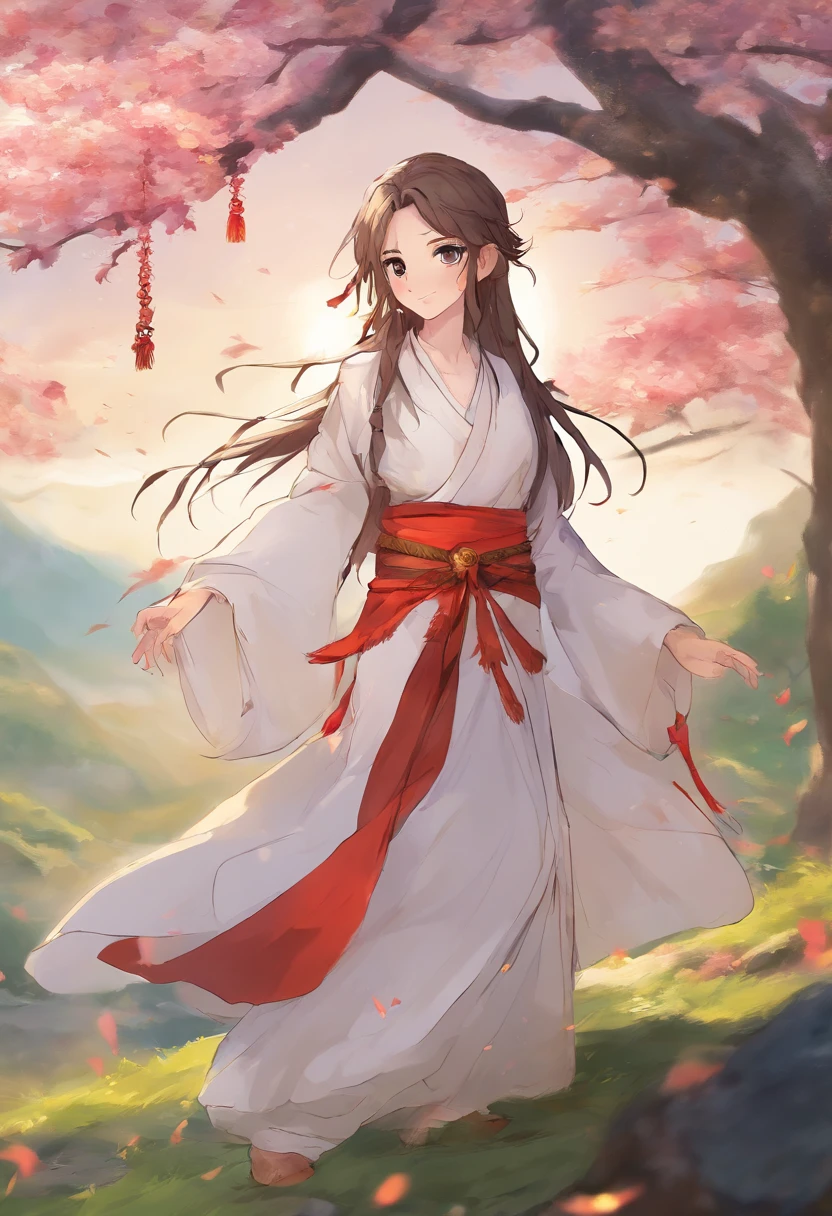 masterpiece, best quality, 1girl, brown hair, brown eyes, female swordmaster walking, dutch angle, cinematic, volumetric lighting, sunbeam, soft lighting, mystical, magical, rim lighting, fantasy, sparkle, glittering, ponytail hairstyle, hanfu, carrying sword on her hip, ancient china, white and yellow clothes, bird, cranes, long hair, thick eyebrow