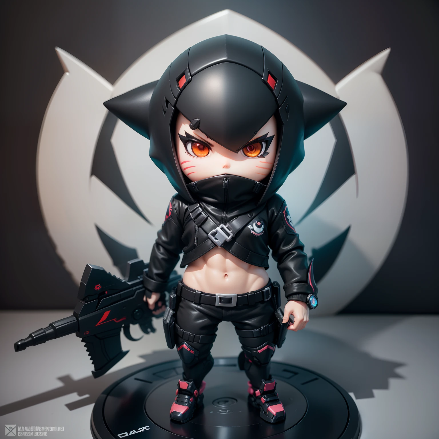 Chibi, shark, Cute, Reaper Overwatch, actionpose, Black Hair Bob, Shark suit, Big Badejo, Full body, masutepiece, 3D Rendering, Best Quality, Lots of detail, (Plain background), vinyl toy figurine
