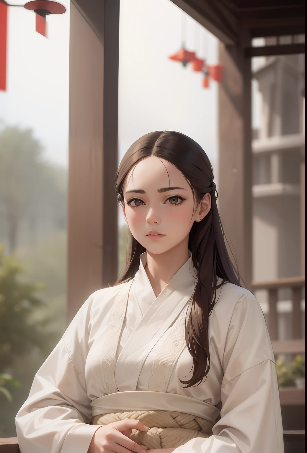masterpiece, best quality, 1girl, portrait, white and yellow clothes, long hair, thick eyebrow,