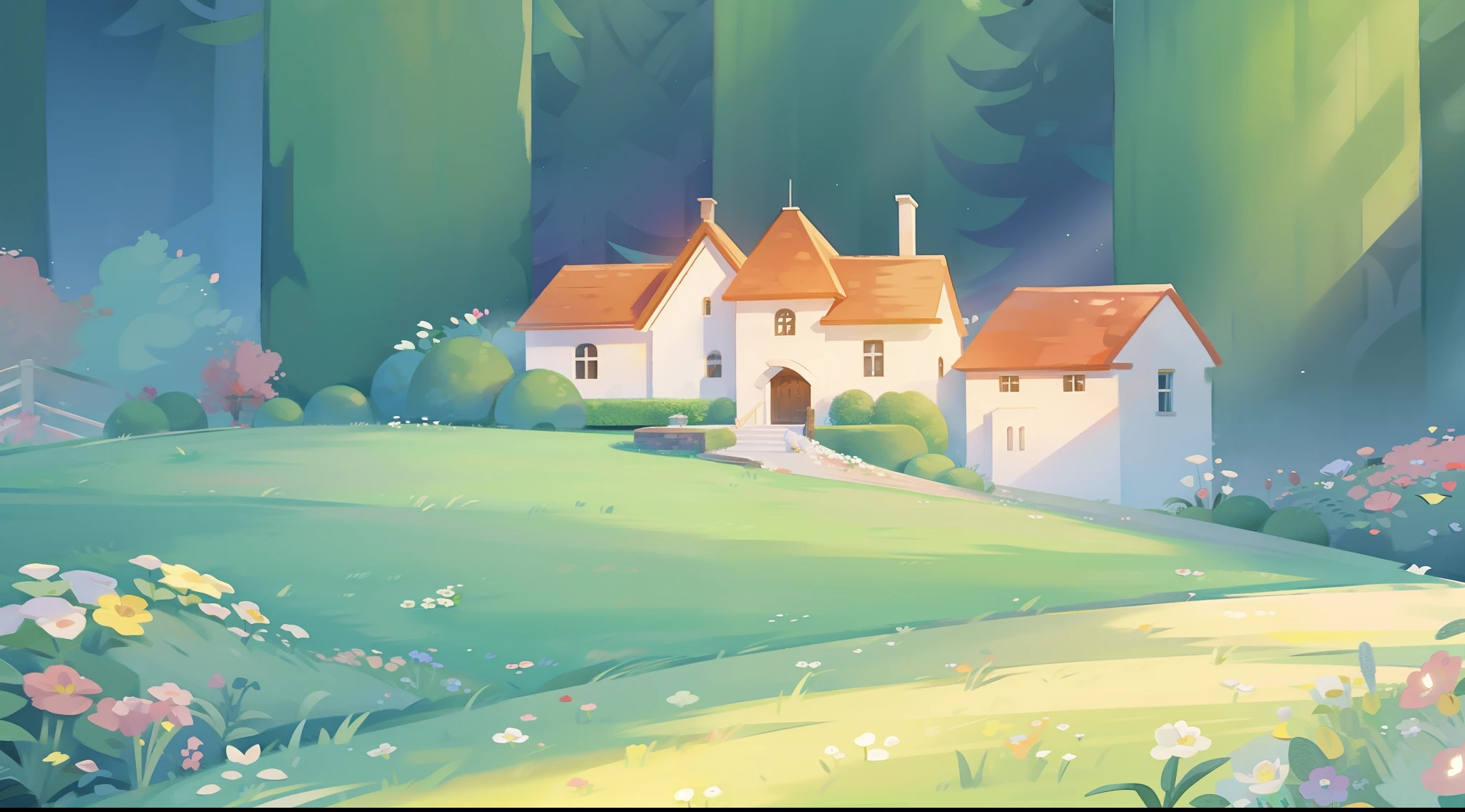 watercolor storybook illustration, hidden huge whimsical asymmetrical castle, warm colors, colorful flower garden, overgrown vines and plants, trees and bushes