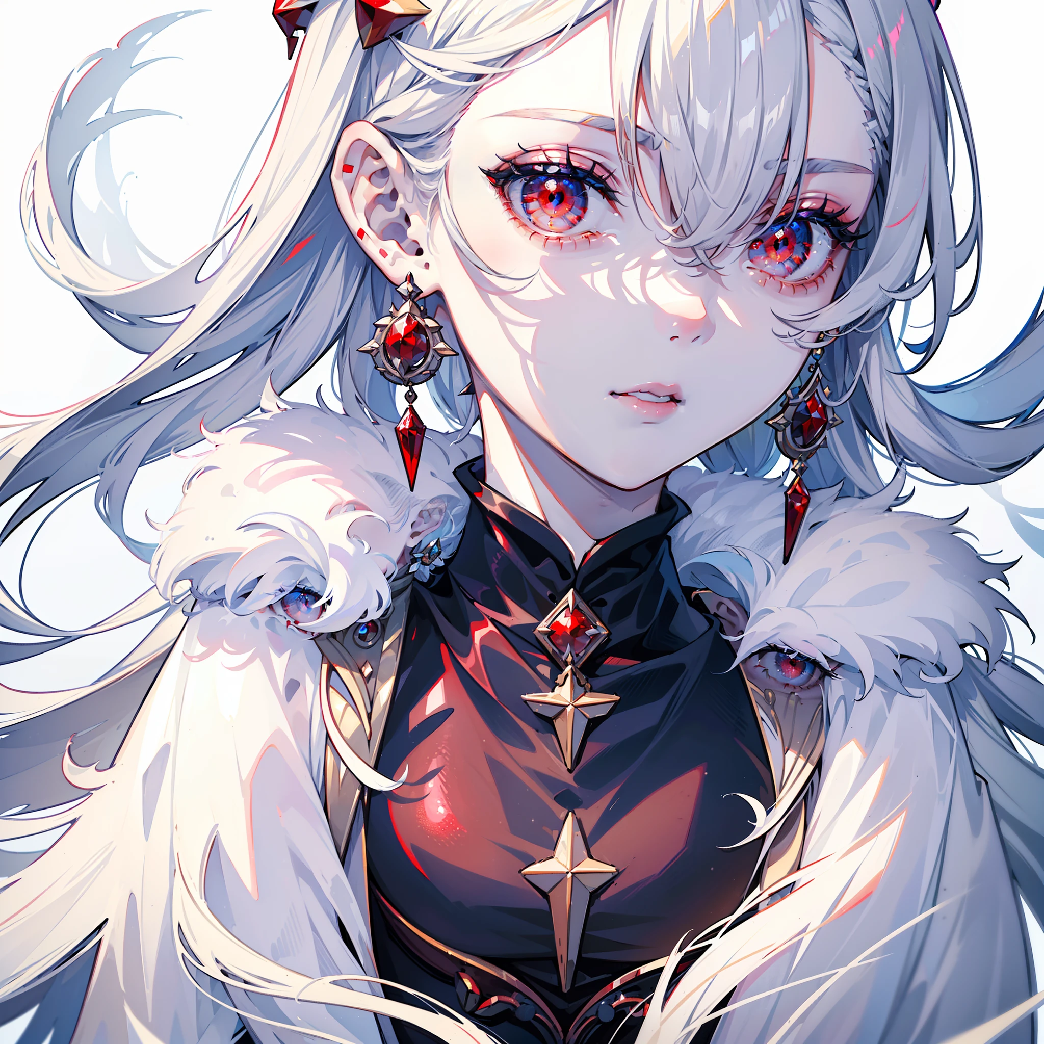 (Portrait:1.4), (masterpiece:1.2, Best Quality:1.2), bottom-up, Full body, 1 Girl with White Hair, Solo, Looking down, Face Focus, Extreme facial details, Cool eyes, extremely detailed eye, good looking, makeup, Fingers on lips, Red Eyes, Thin, slim, white fur coat, Black tights, earrings, (Marco) cafes