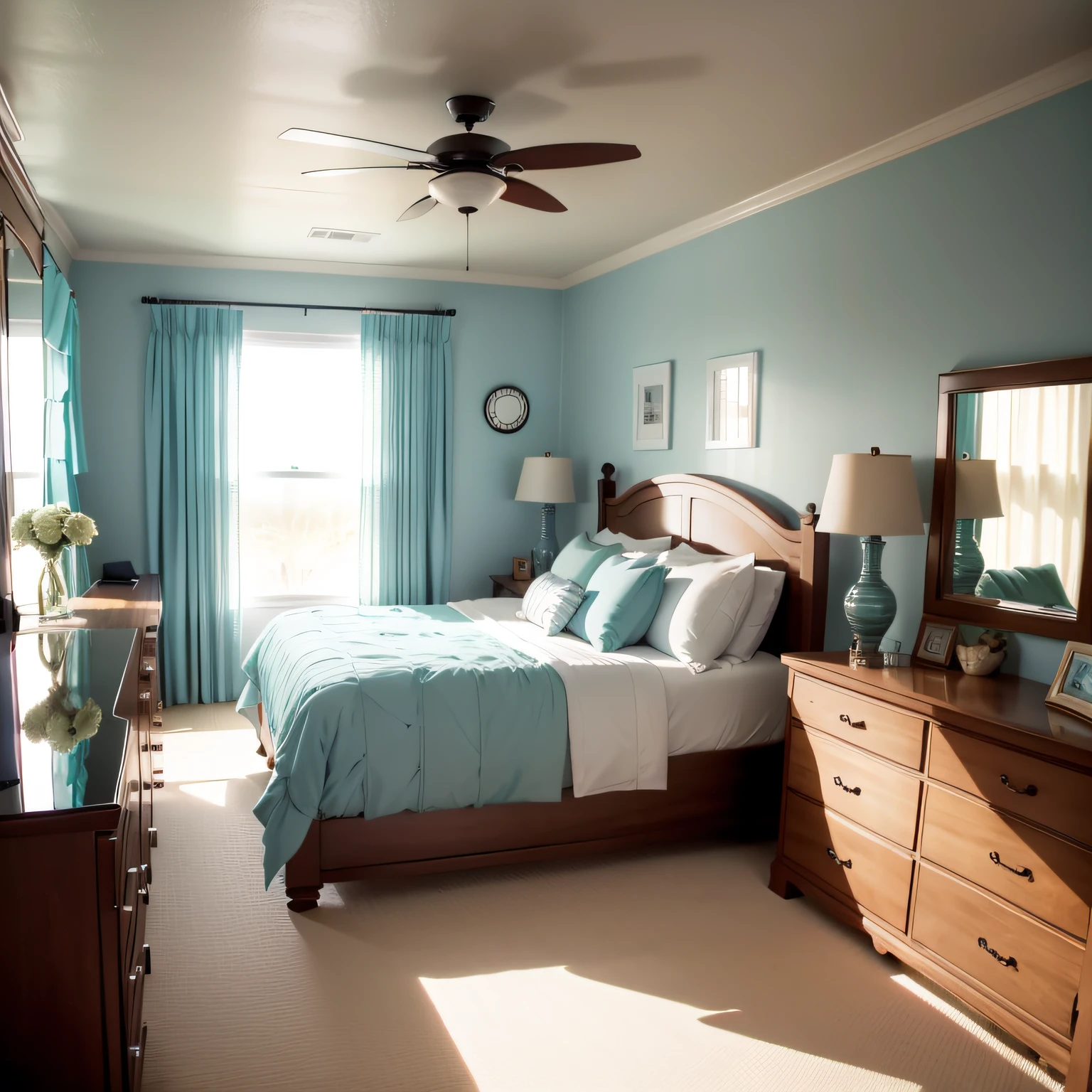 coastal master bedroom with Mirror & Curtains