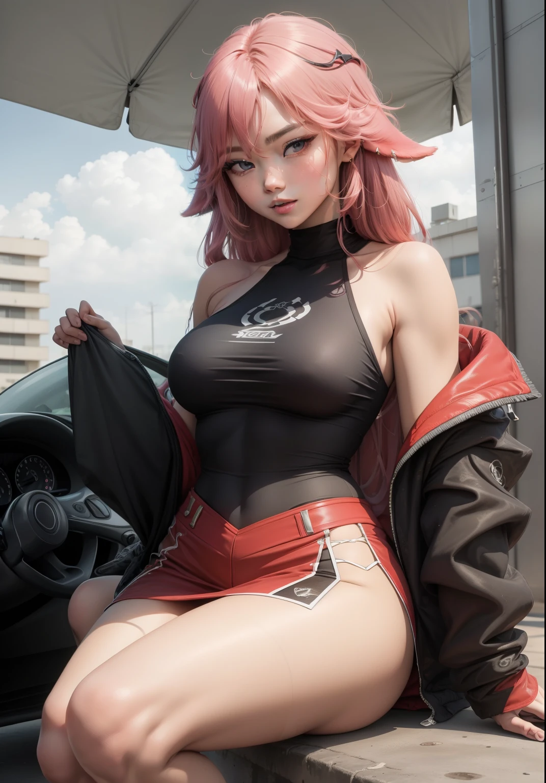 yae miko from genshin impact in modern clothes sitting on pink supra mk4