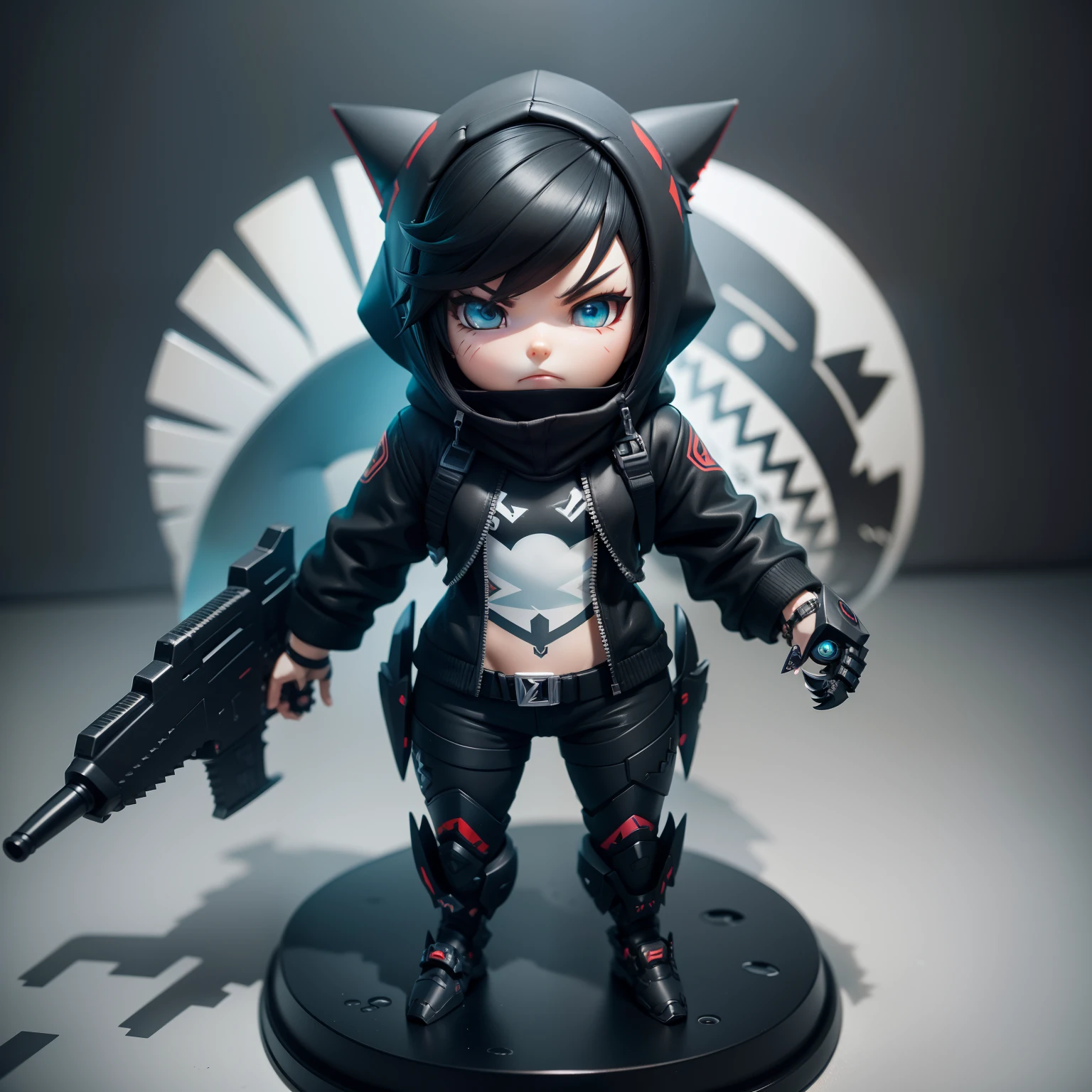 Chibi, shark, Cute, Reaper Overwatch, actionpose, Black Hair Bob, Shark suit, Big Badejo, Full body, masutepiece, 3D Rendering, Best Quality, Lots of detail, (Plain background), vinyl toy figurine