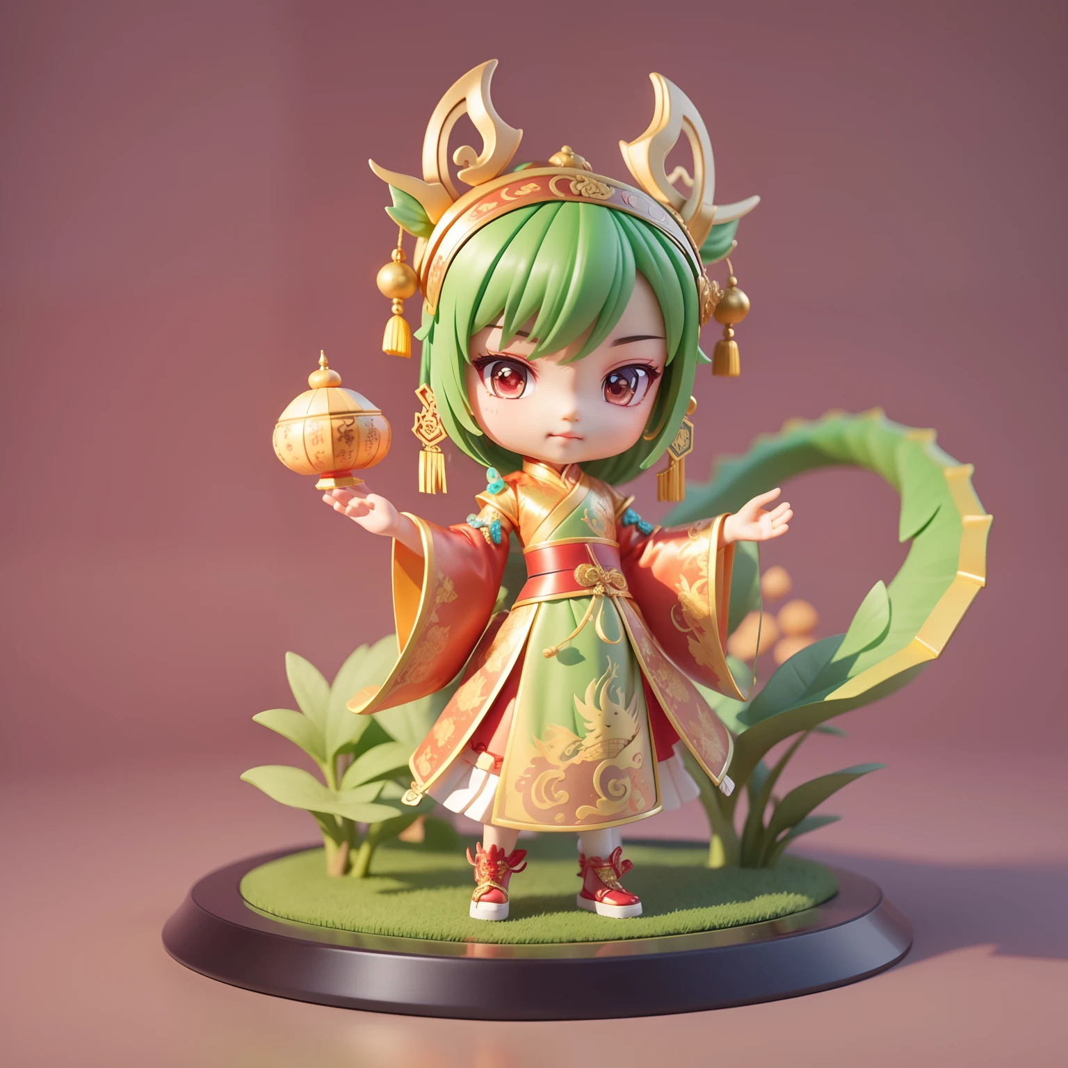 Surrounded by elements of the birthday dragon, teenager in traditional Chinese costume, cute 3D rendering, vinyl toy figurine 3D rendering stylized dragon